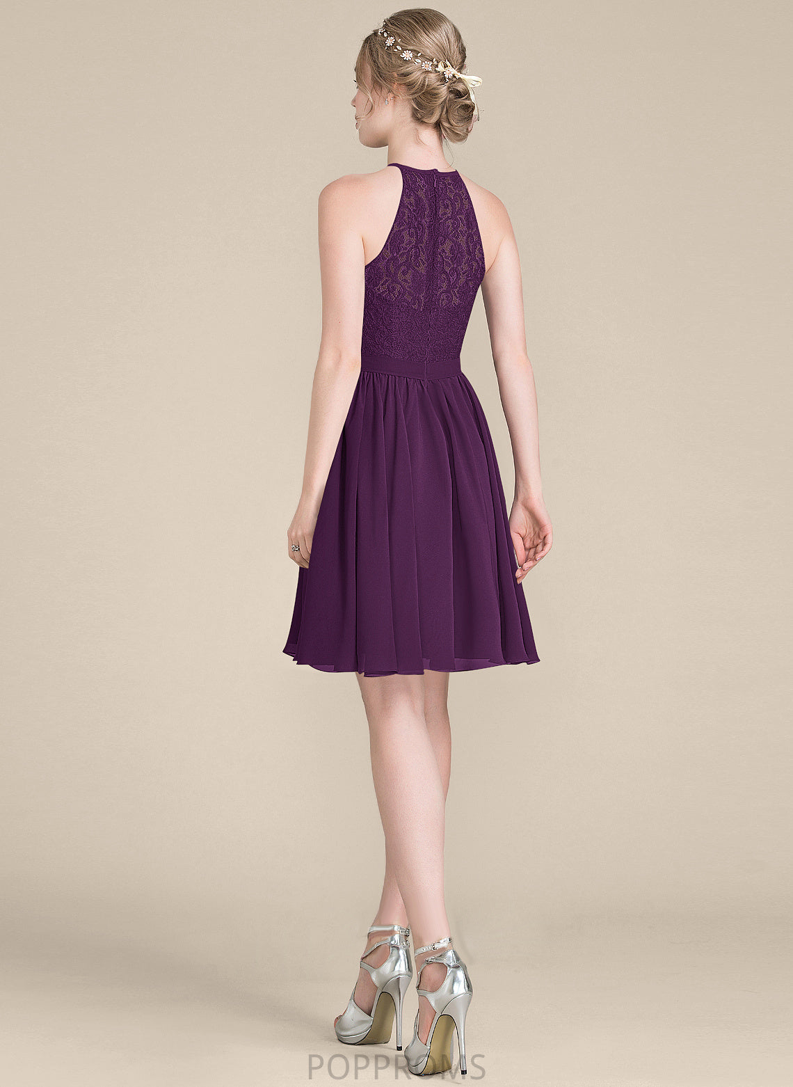 Shelby Neck Knee-Length Cocktail Scoop Cocktail Dresses Chiffon A-Line Dress Lace