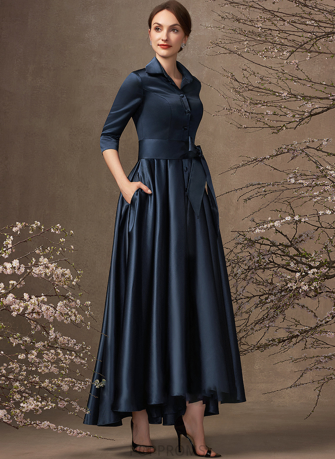 Dress Bride V-neck Mother of the Bride Dresses of Mother Asymmetrical With Pockets the A-Line Cheyenne Bow(s) Satin