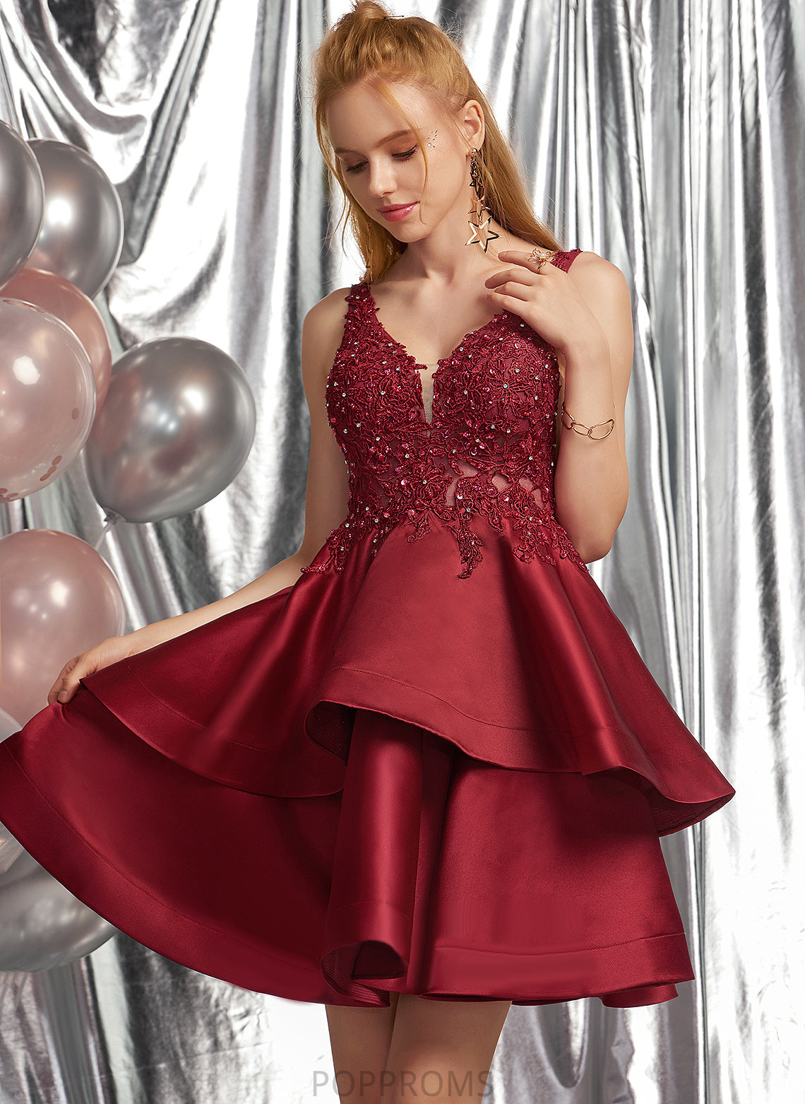 Satin Short/Mini Homecoming Lace V-neck Miriam Dress Homecoming Dresses Beading With A-Line Sequins