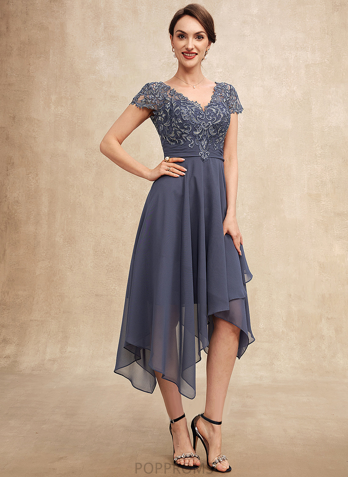 V-neck Ruffle the Dress of Asymmetrical With Chiffon A-Line Elisa Mother Bride Lace Mother of the Bride Dresses