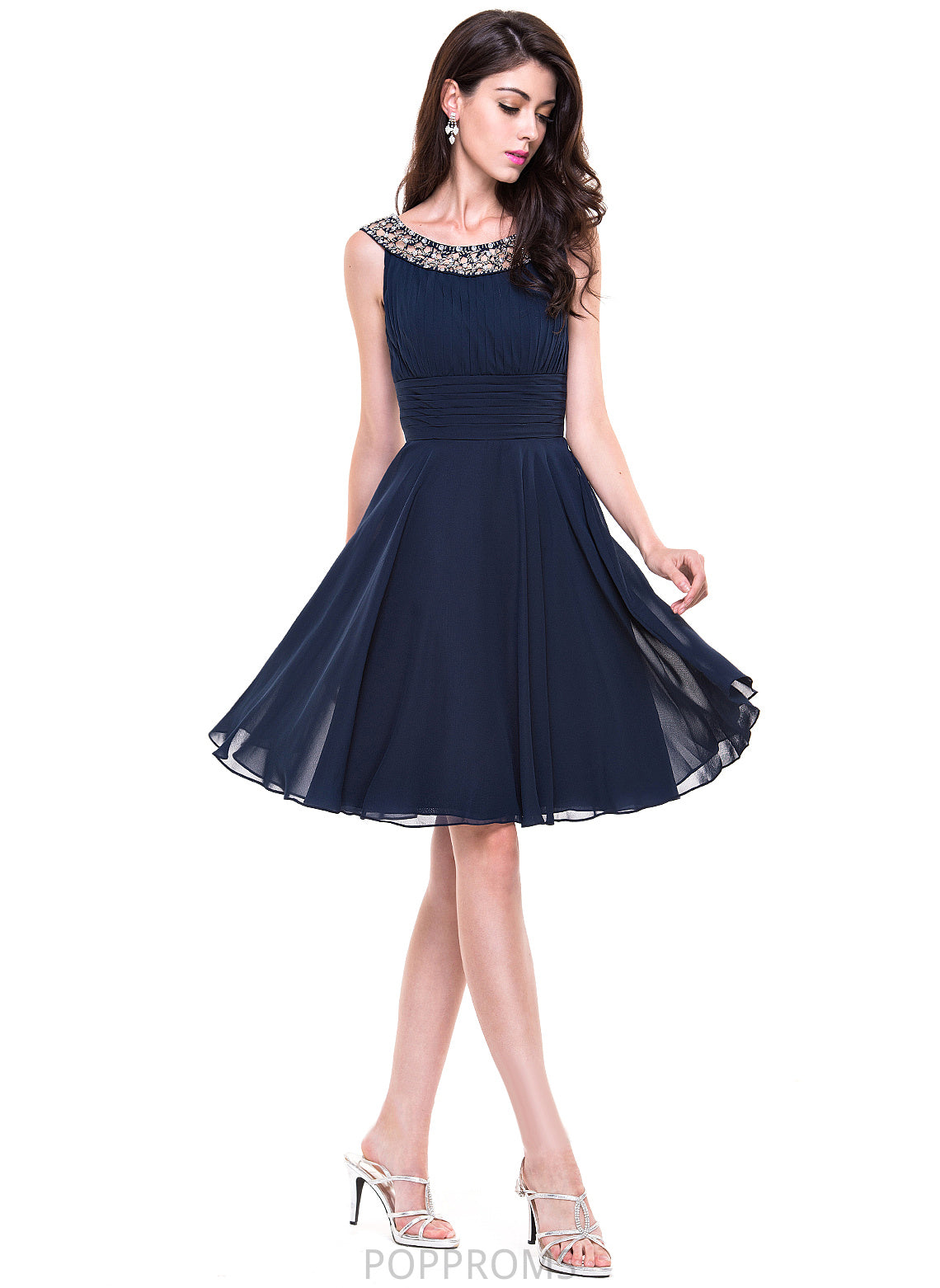 Adrienne Dress Beading Knee-Length A-Line Neck Chiffon Scoop Ruffle Cocktail Dresses With Cocktail