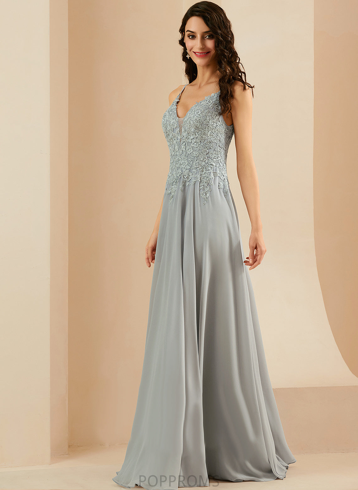 Chiffon Sequins Ashleigh With Lace A-Line V-neck Prom Dresses Floor-Length