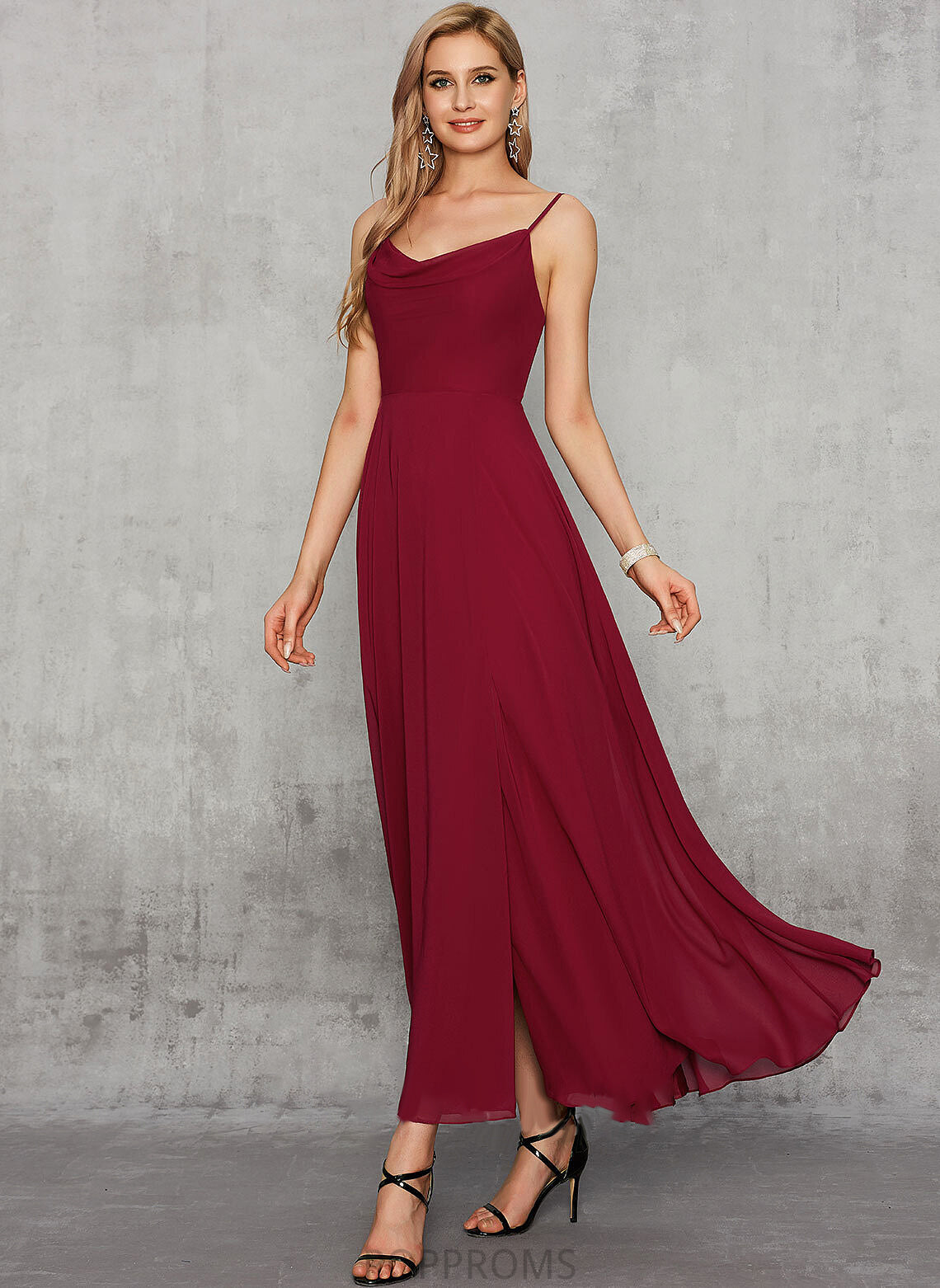 V-neck Prom Dresses Front Suzanne With Chiffon A-Line Split Ankle-Length