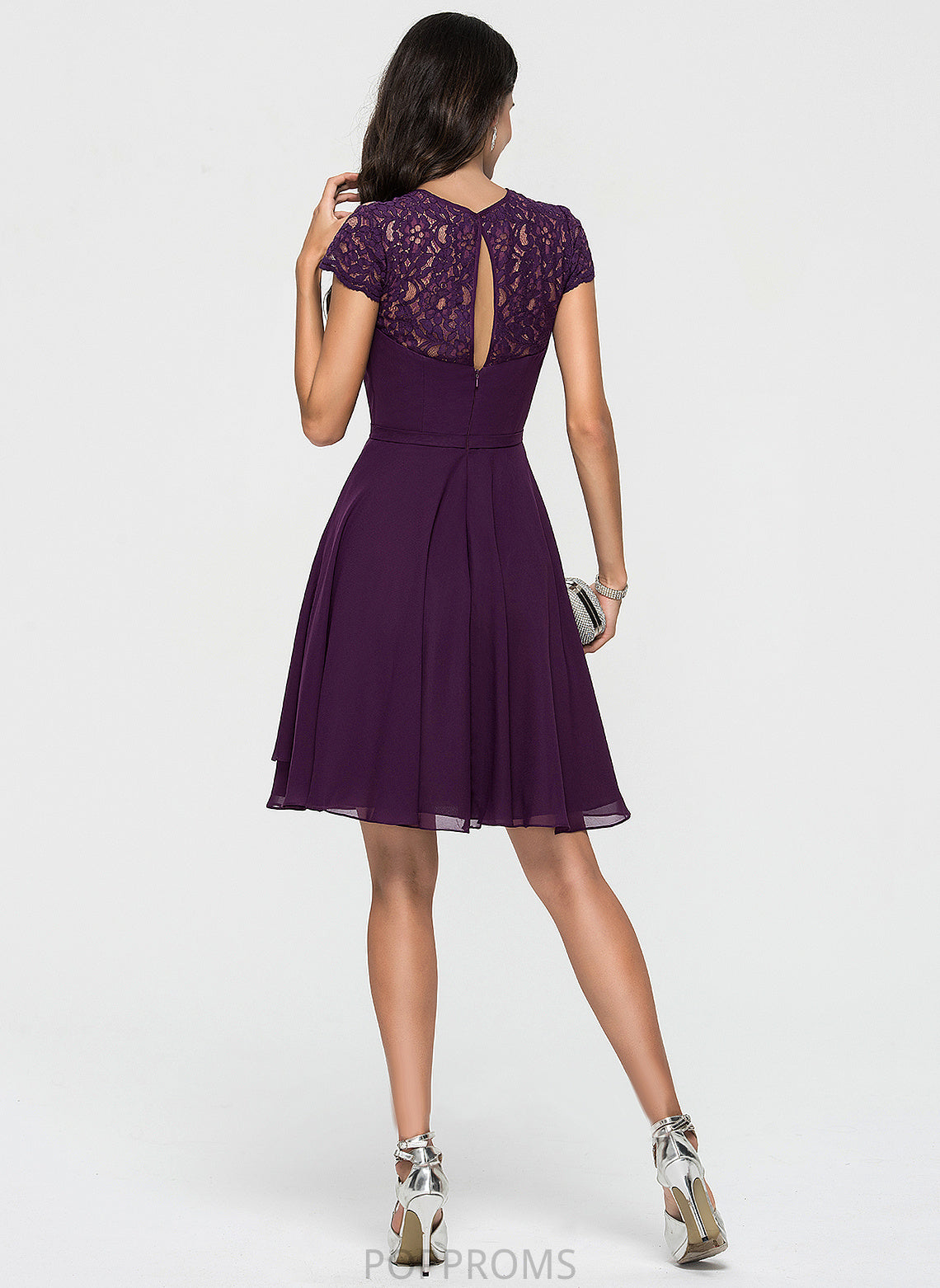 A-Line Knee-Length Ruffles Homecoming Lace Chiffon Homecoming Dresses Cascading With Scoop Neck Dress Carina