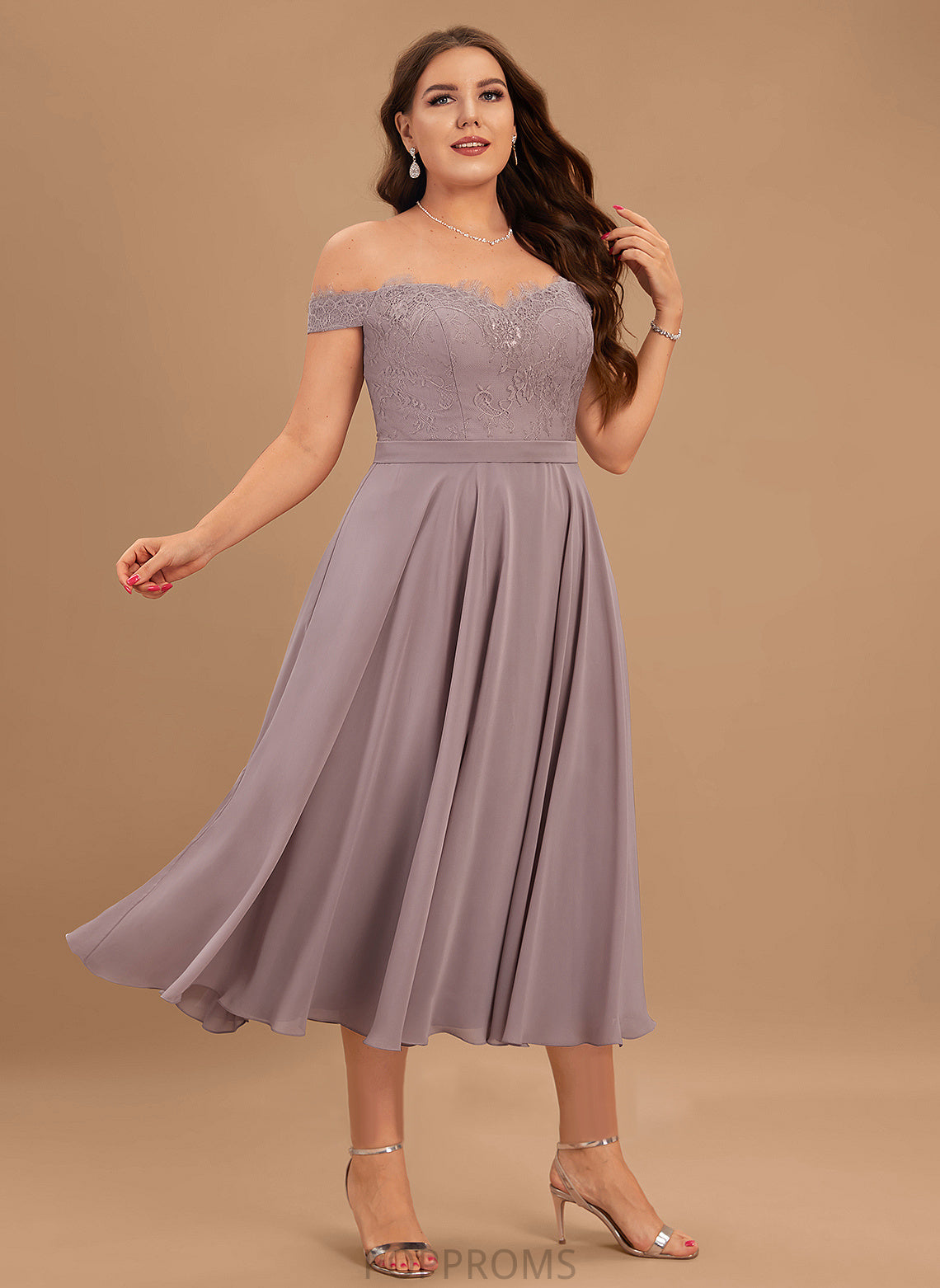 Length Silhouette Tea-Length Beading A-Line Embellishment Neckline Off-the-Shoulder Fabric Yasmin Spaghetti Staps Sleeveless Bridesmaid Dresses