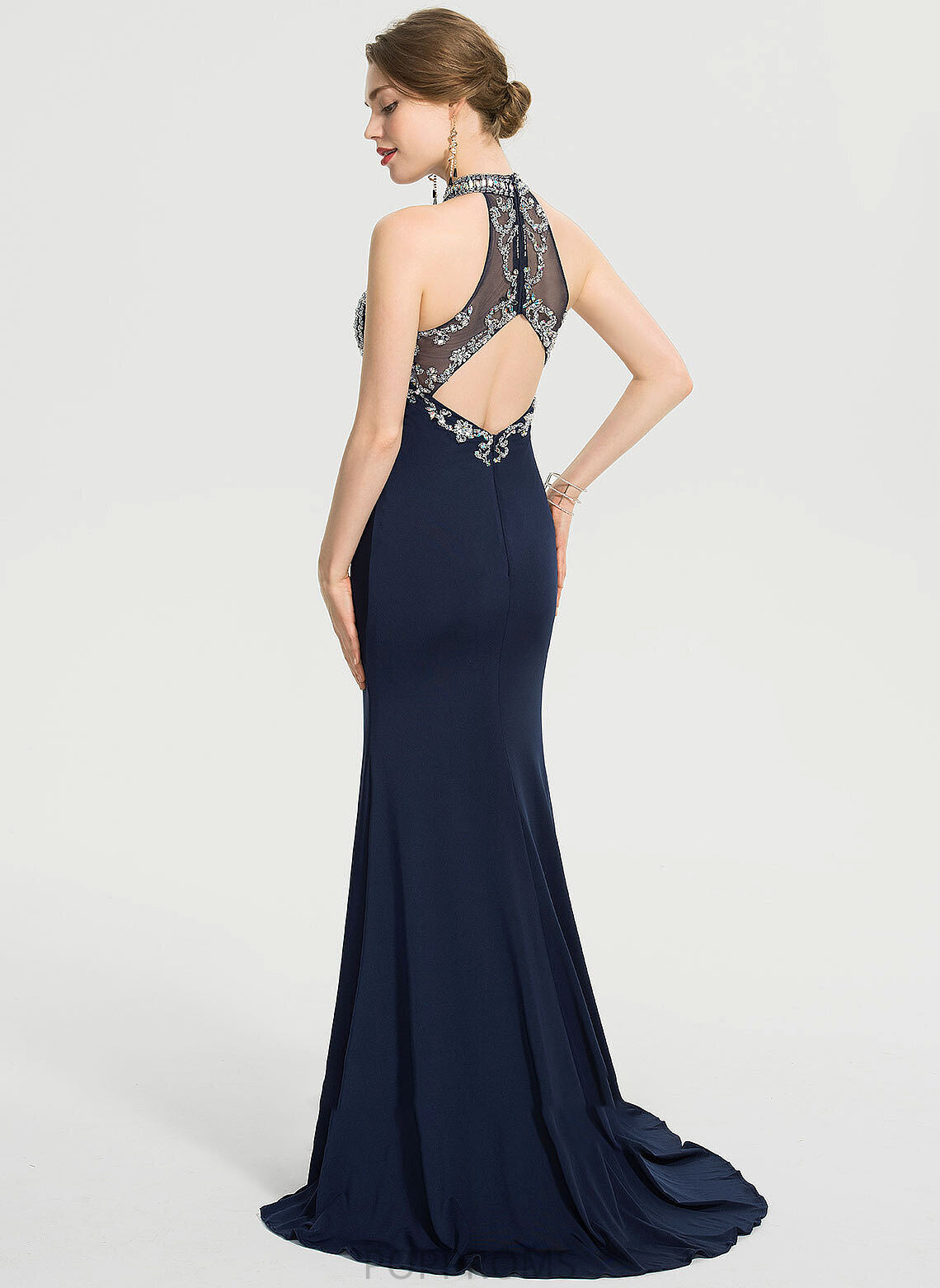 With Jersey Sheath/Column Scoop Neck Split Sequins Tara Train Sweep Prom Dresses Beading Front