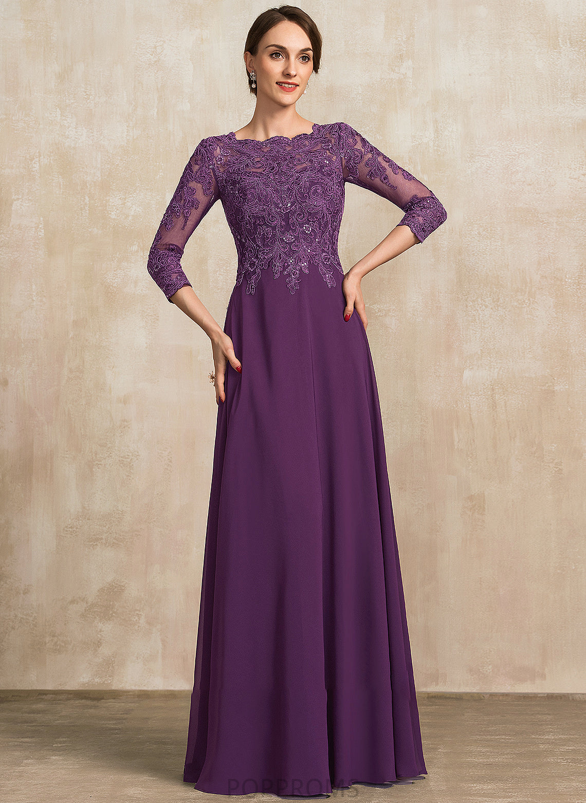 Lace Neck Scoop Chiffon Dress Sequins With Floor-Length the A-Line Bride Sandy Mother of the Bride Dresses Mother of