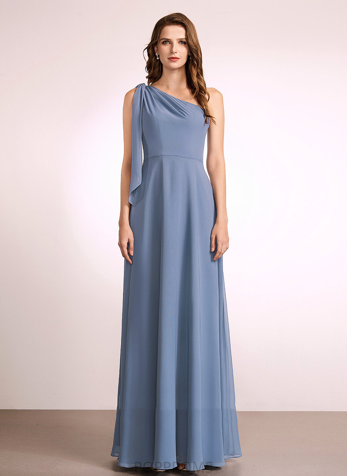 A-Line Floor-Length Embellishment Silhouette Length Neckline Fabric One-Shoulder Bow(s) Amy Natural Waist Straps Bridesmaid Dresses