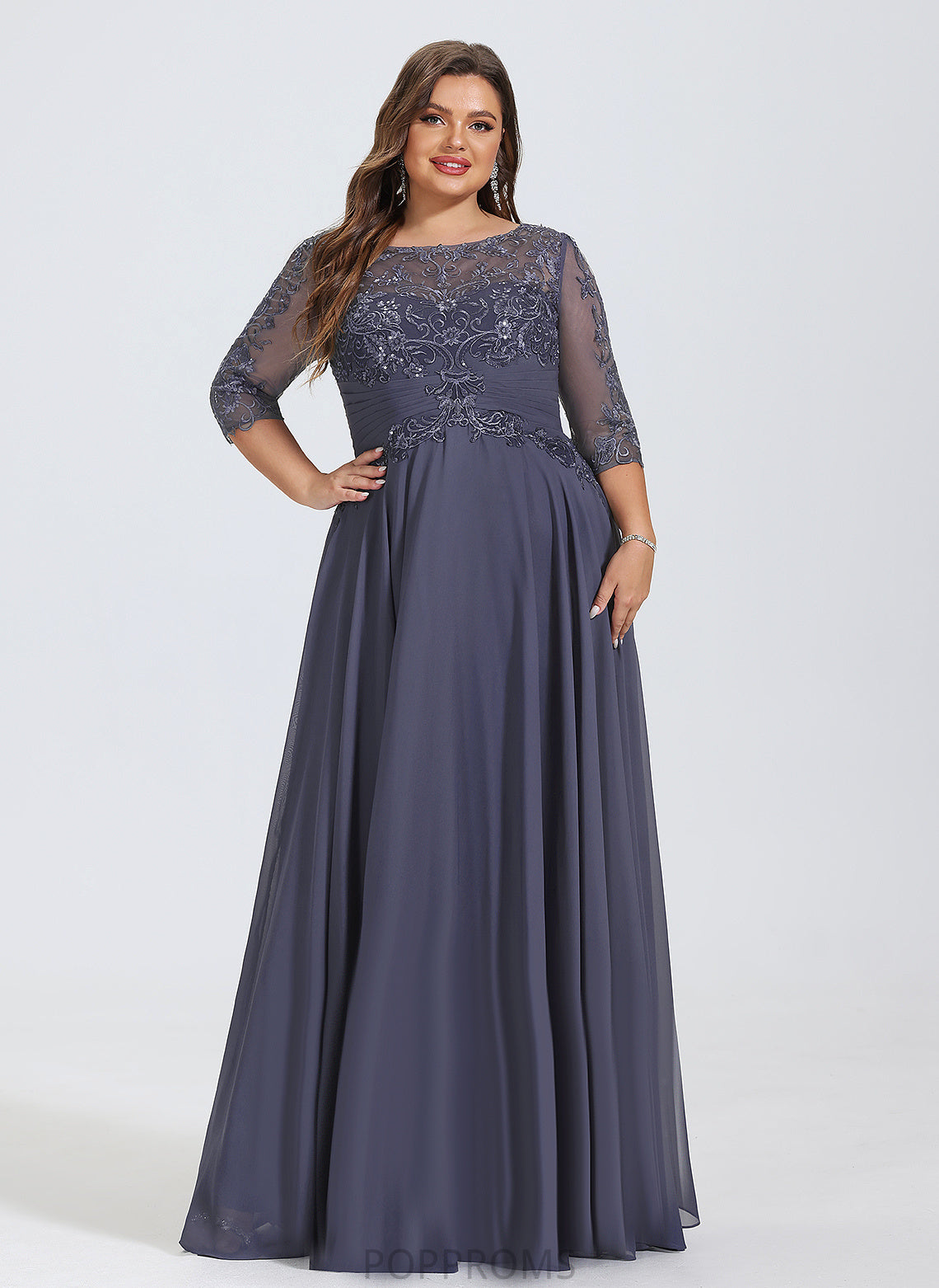 Pleated Scoop Prom Dresses Floor-Length Illusion Chiffon Guadalupe Lace A-Line Sequins With