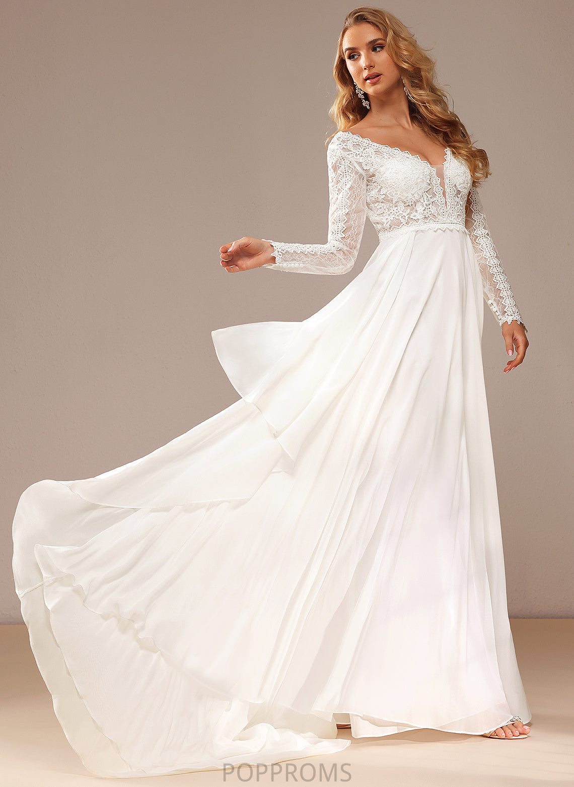 Court Chiffon A-Line Lace Dress Wedding Dresses Wedding Ruffle Lace V-neck Train With Selina