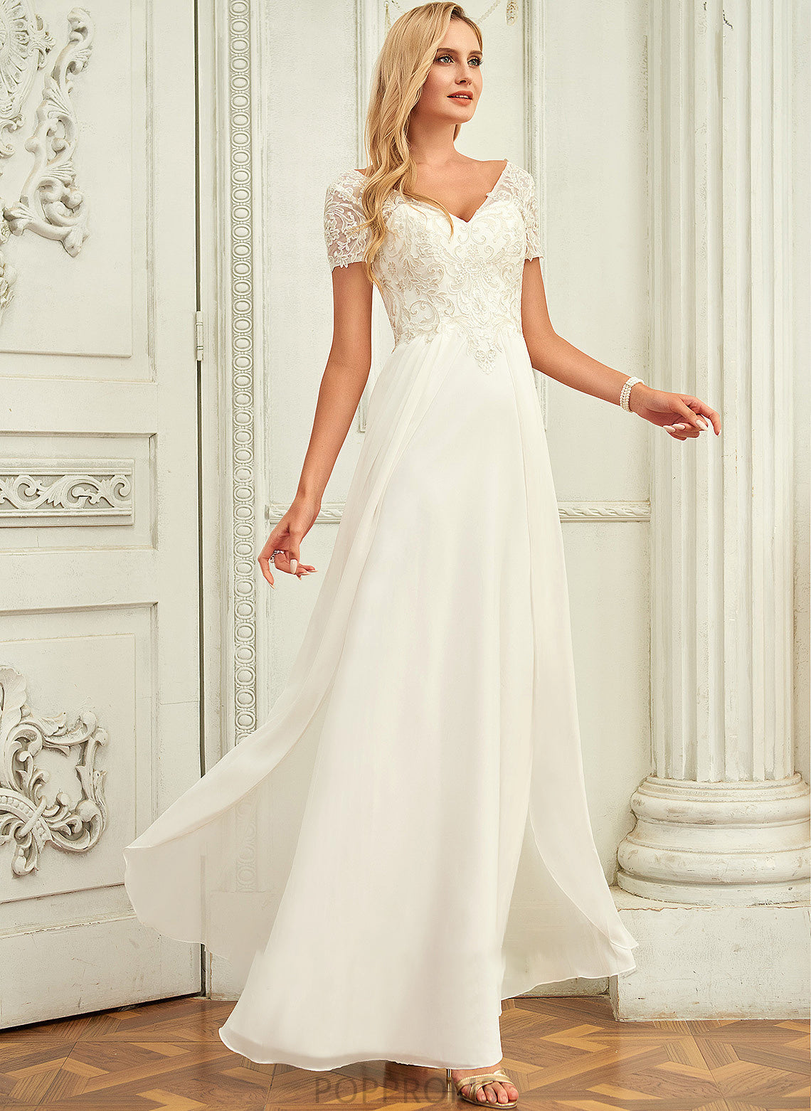 Dress With V-neck Wedding Madeline Floor-Length A-Line Wedding Dresses Lace Lace Chiffon