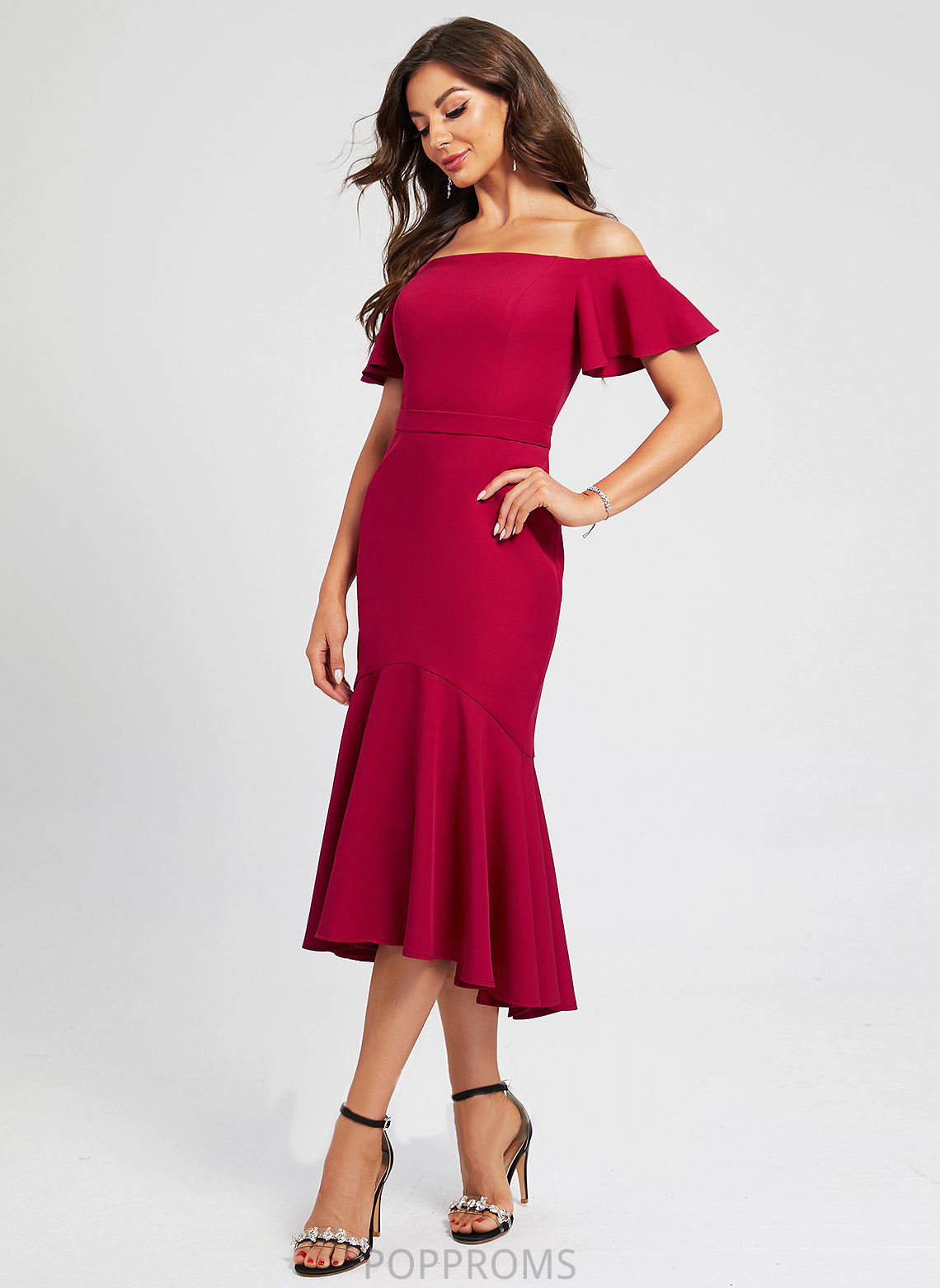 Cocktail Dresses Off-the-Shoulder Asymmetrical Amara Crepe With Trumpet/Mermaid Dress Cocktail Stretch Ruffle