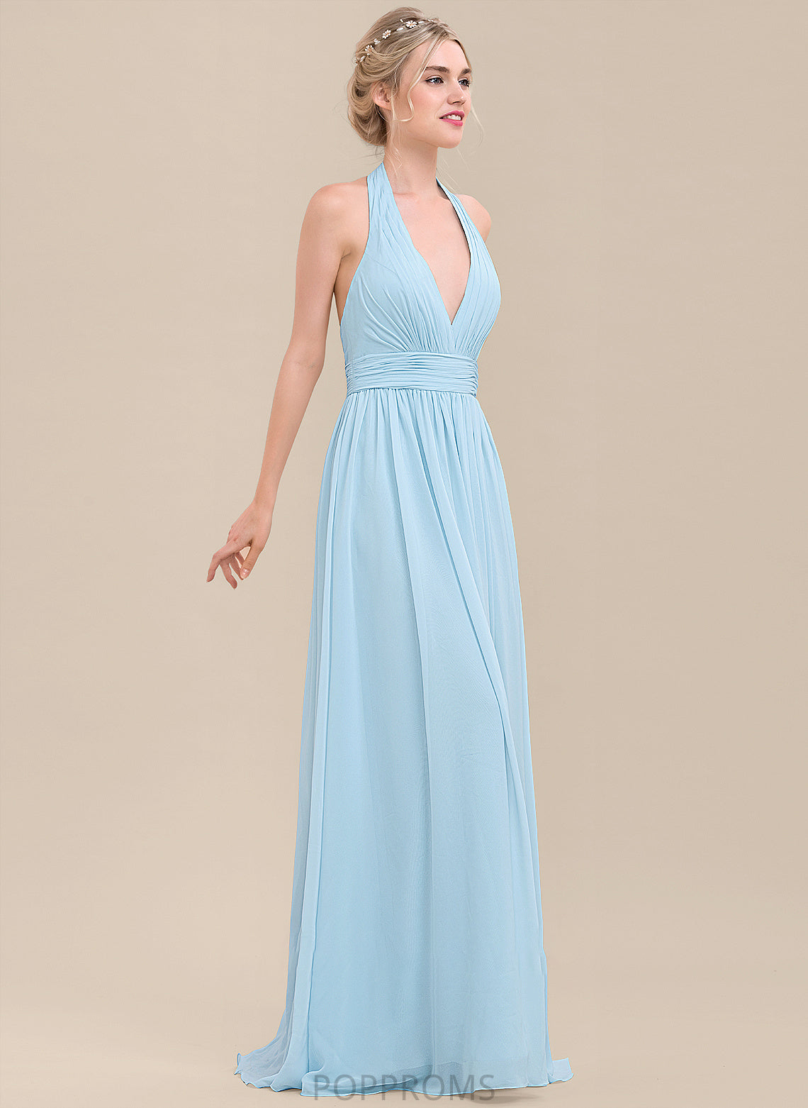 Floor-Length Silhouette A-Line Length Neckline Embellishment Ruffle Halter Fabric Abbey Natural Waist Sheath/Column Bridesmaid Dresses