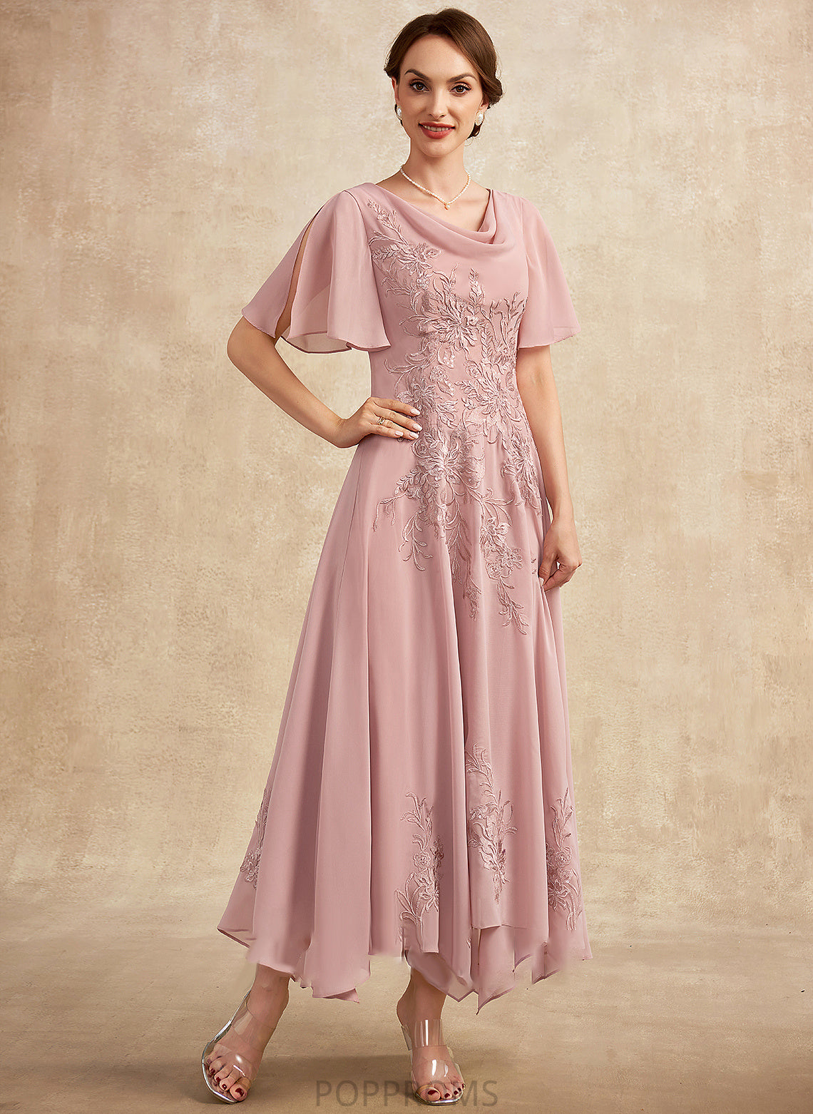 Lace Cowl Dress Chiffon the Neck Ankle-Length Bride Mother of the Bride Dresses Kaleigh A-Line of Mother