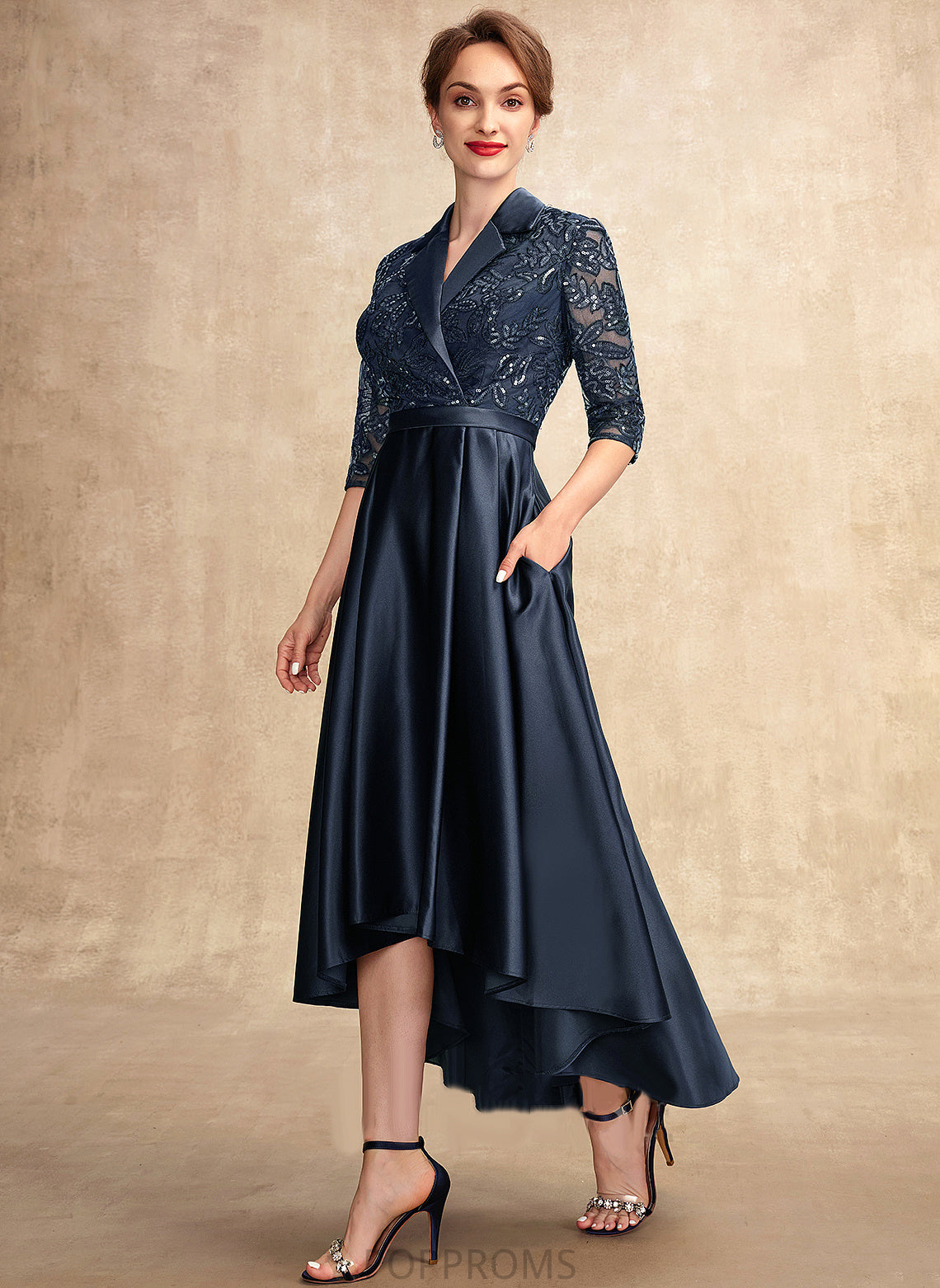 the Pockets Bride Sequins Dress Mother Satin V-neck Asymmetrical Lace With Yesenia A-Line Mother of the Bride Dresses of