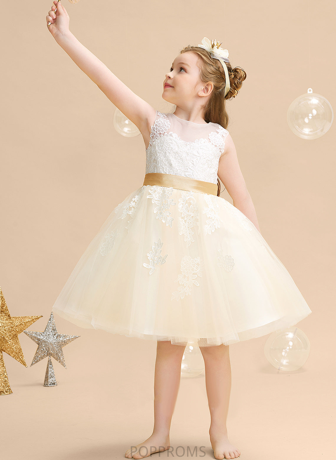 A-Line Knee-length - Scoop Neck Flower Back Appliques/V Girl Dress Laylah Satin/Tulle/Lace Flower Girl Dresses With Sleeveless