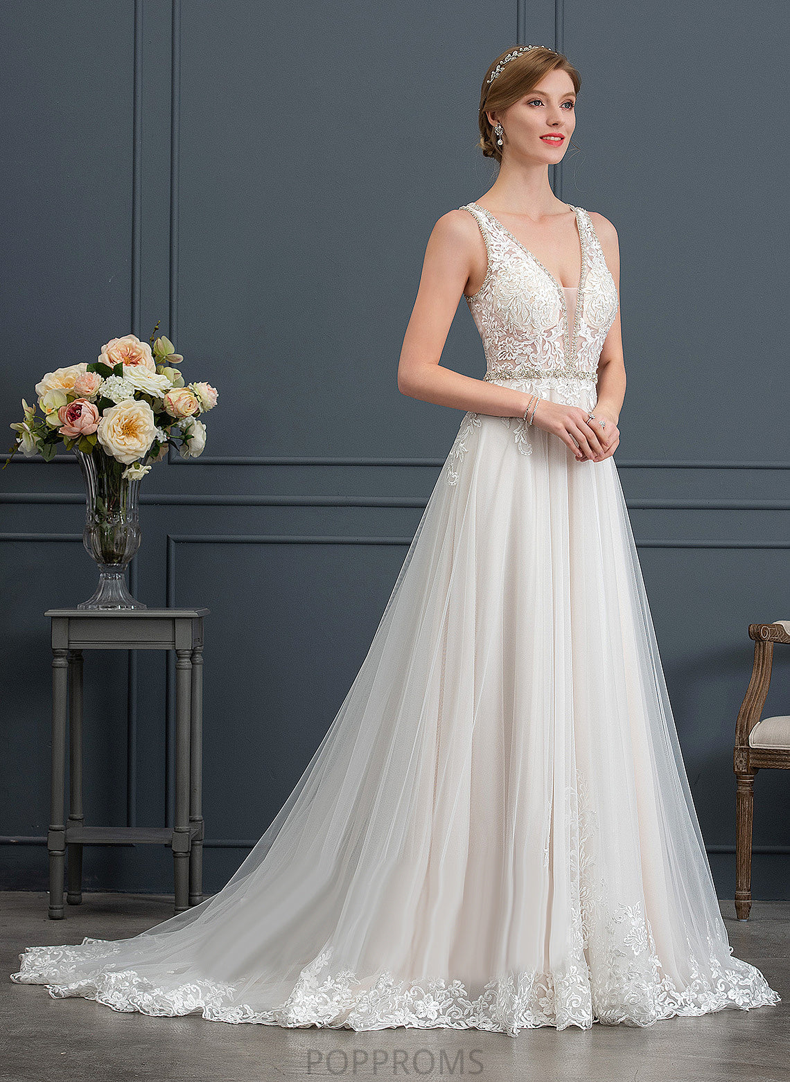 Sequins Ball-Gown/Princess Wedding Dresses Lace Karsyn Dress V-neck With Tulle Wedding Train Court Beading