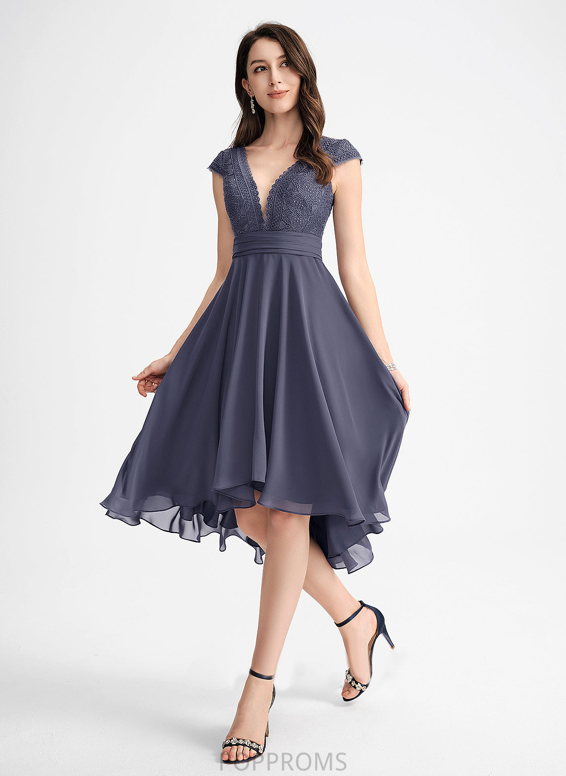 V-neck Cocktail Dresses Nathalie Dress Pleated With Lace A-Line Cocktail Chiffon Asymmetrical