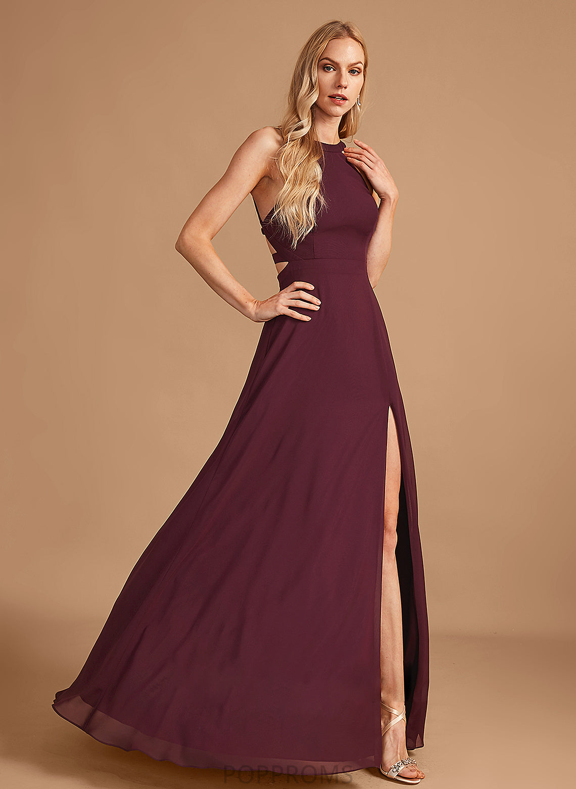 Fabric Floor-Length Silhouette A-Line Length HighNeck Embellishment SplitFront Neckline Evangeline Spaghetti Staps Natural Waist Bridesmaid Dresses