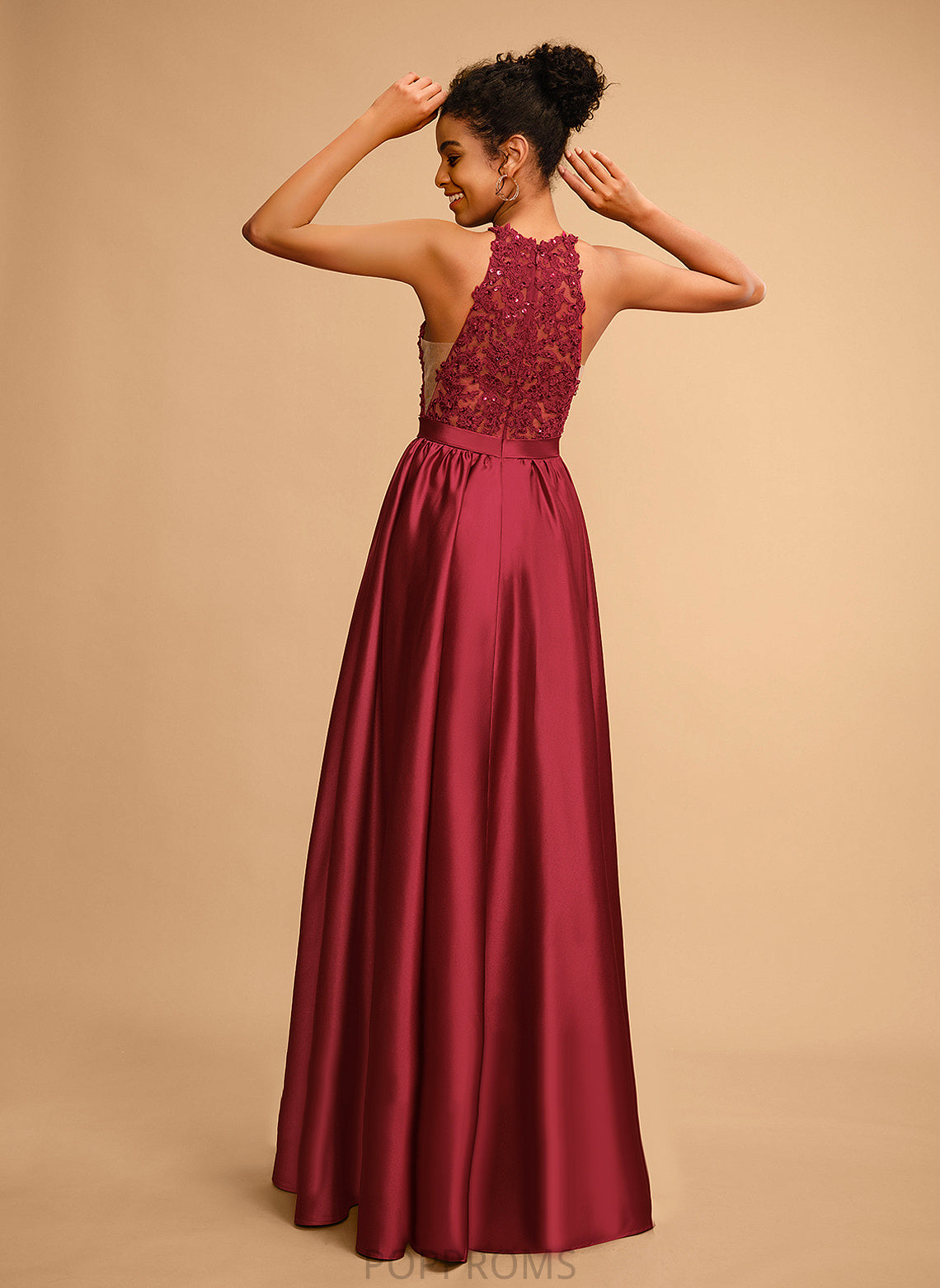 With Lace Halter Prom Dresses Sequins Satin Floor-Length Elvira Ball-Gown/Princess