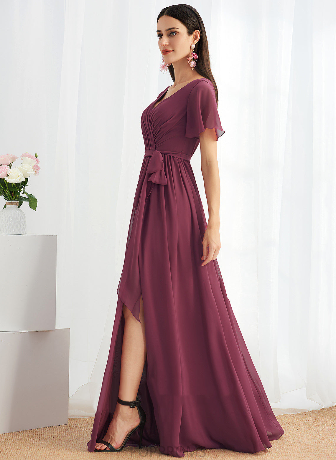 Floor-Length A-Line SplitFront Neckline Fabric V-neck Silhouette Embellishment Length Savanah Scoop Floor Length Bridesmaid Dresses