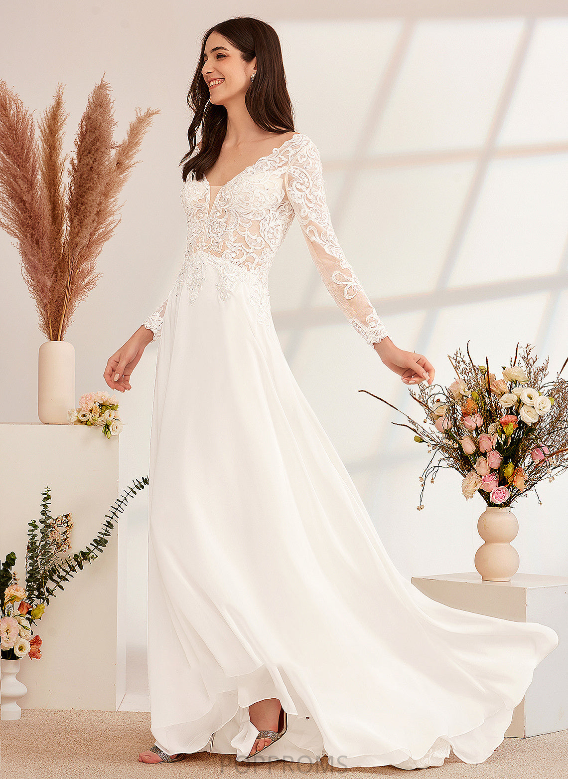 V-neck A-Line Carolina Sweep Dress Wedding Train Wedding Dresses Beading With