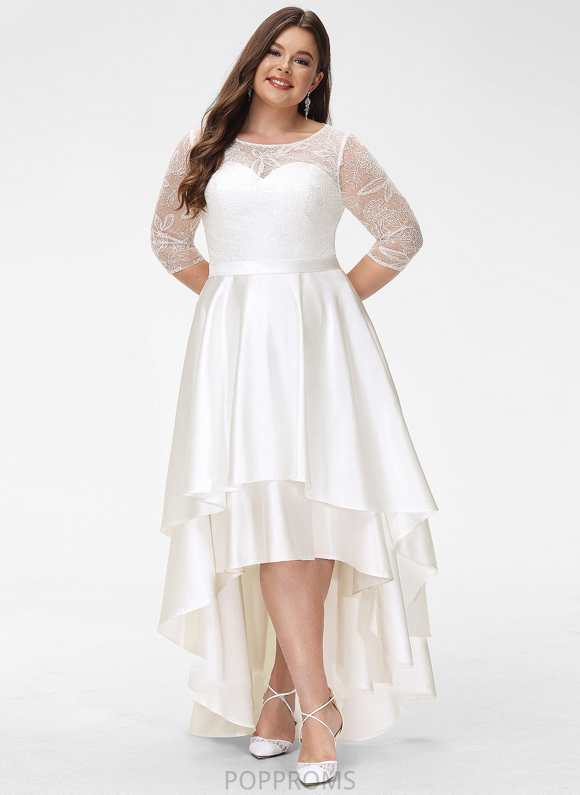 Faith Satin Dress Wedding Dresses Asymmetrical Scoop Lace A-Line Neck Wedding