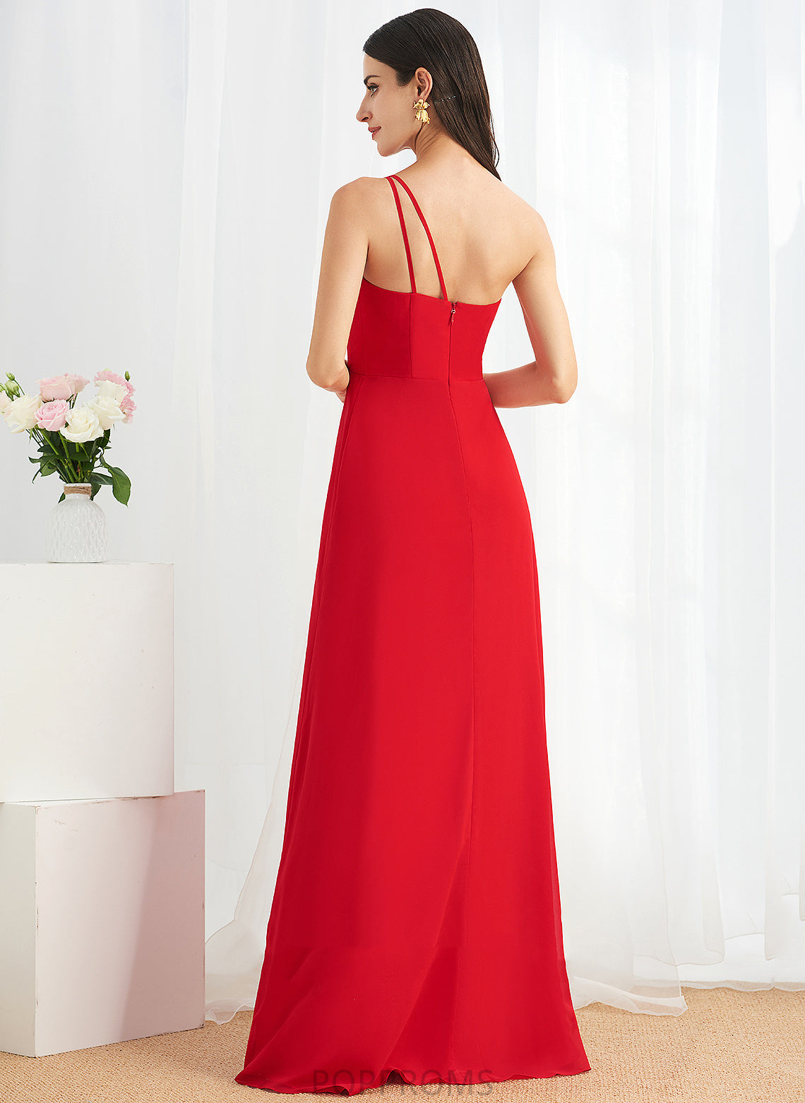 Fabric Floor-Length Length One-Shoulder Ruffle Silhouette SplitFront A-Line Neckline Embellishment Holly A-Line/Princess Bridesmaid Dresses