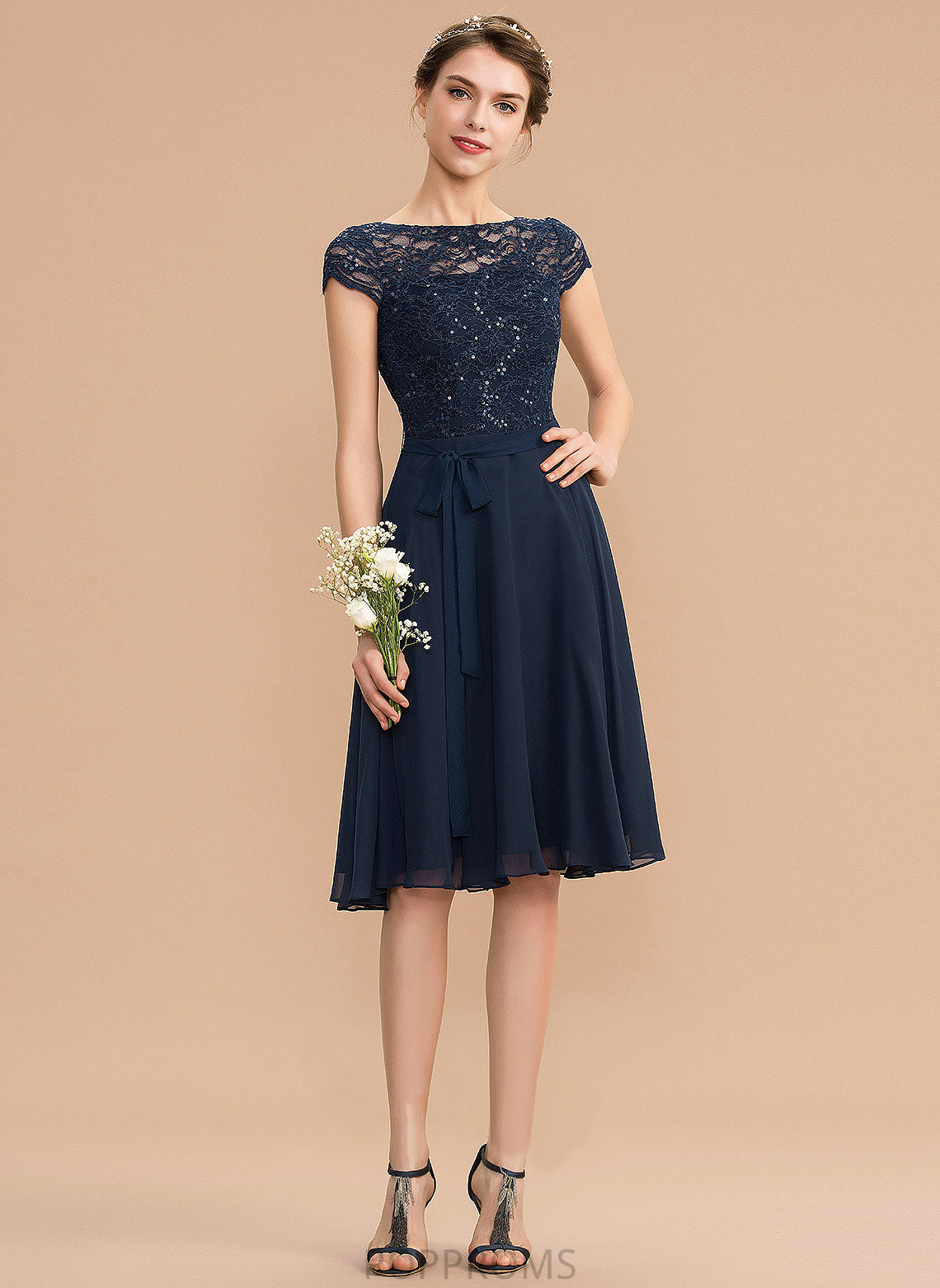 Scoop Lace Dress Homecoming Bow(s) With Chiffon Neck A-Line Homecoming Dresses Serenity Knee-Length