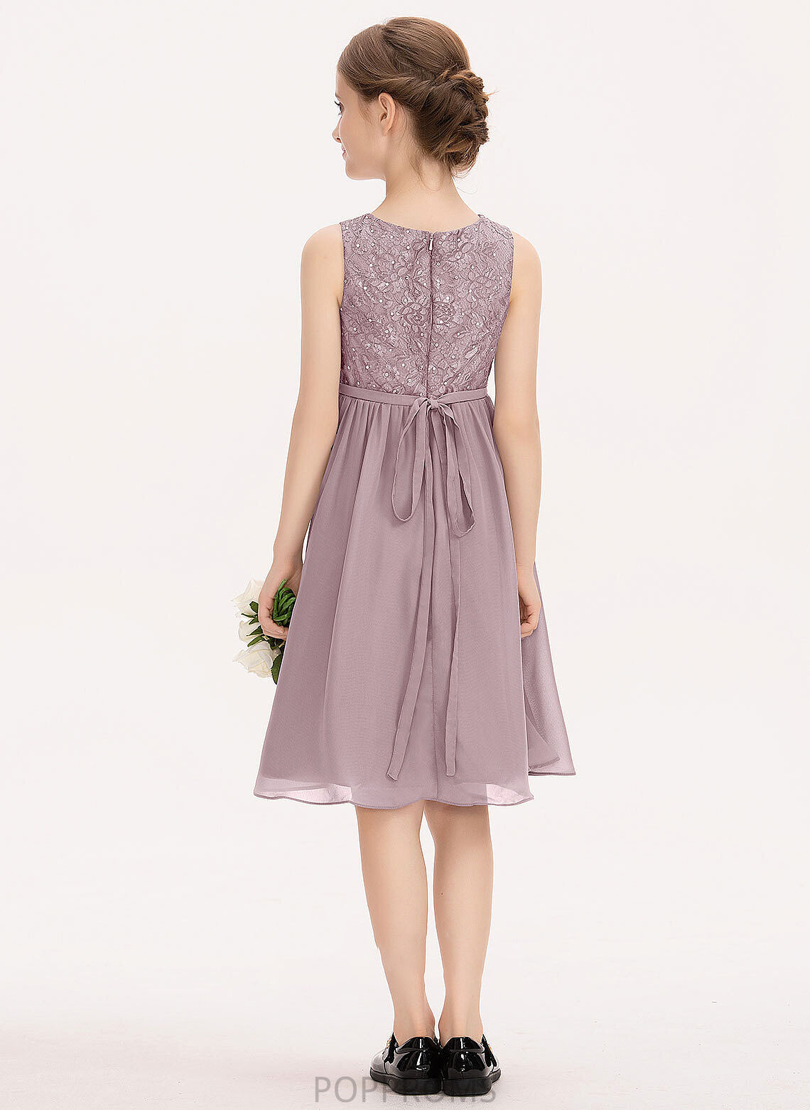 With Chiffon Beading Junior Bridesmaid Dresses Knee-Length Bow(s) Neck Payton A-Line Lace Scoop