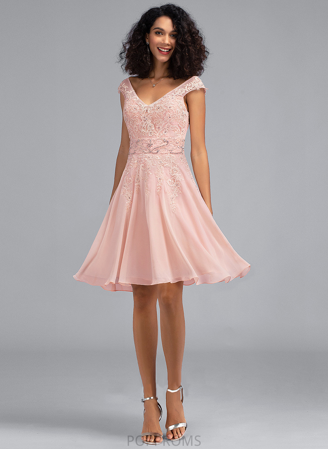 Beading Knee-Length Dress Chiffon Lace A-Line Veronica Cocktail Cocktail Dresses With V-neck Lace