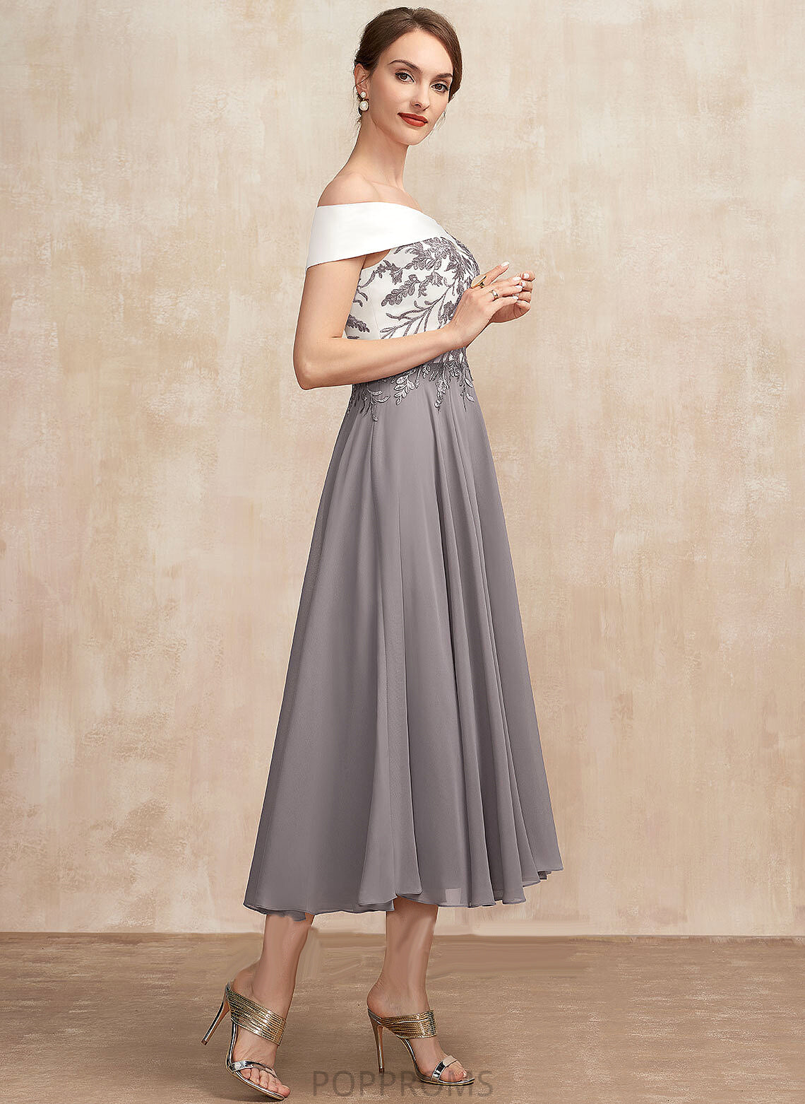 Dress Mother of the Bride Dresses the Mother Chiffon Lace Tea-Length A-Line Bride of Off-the-Shoulder Teresa