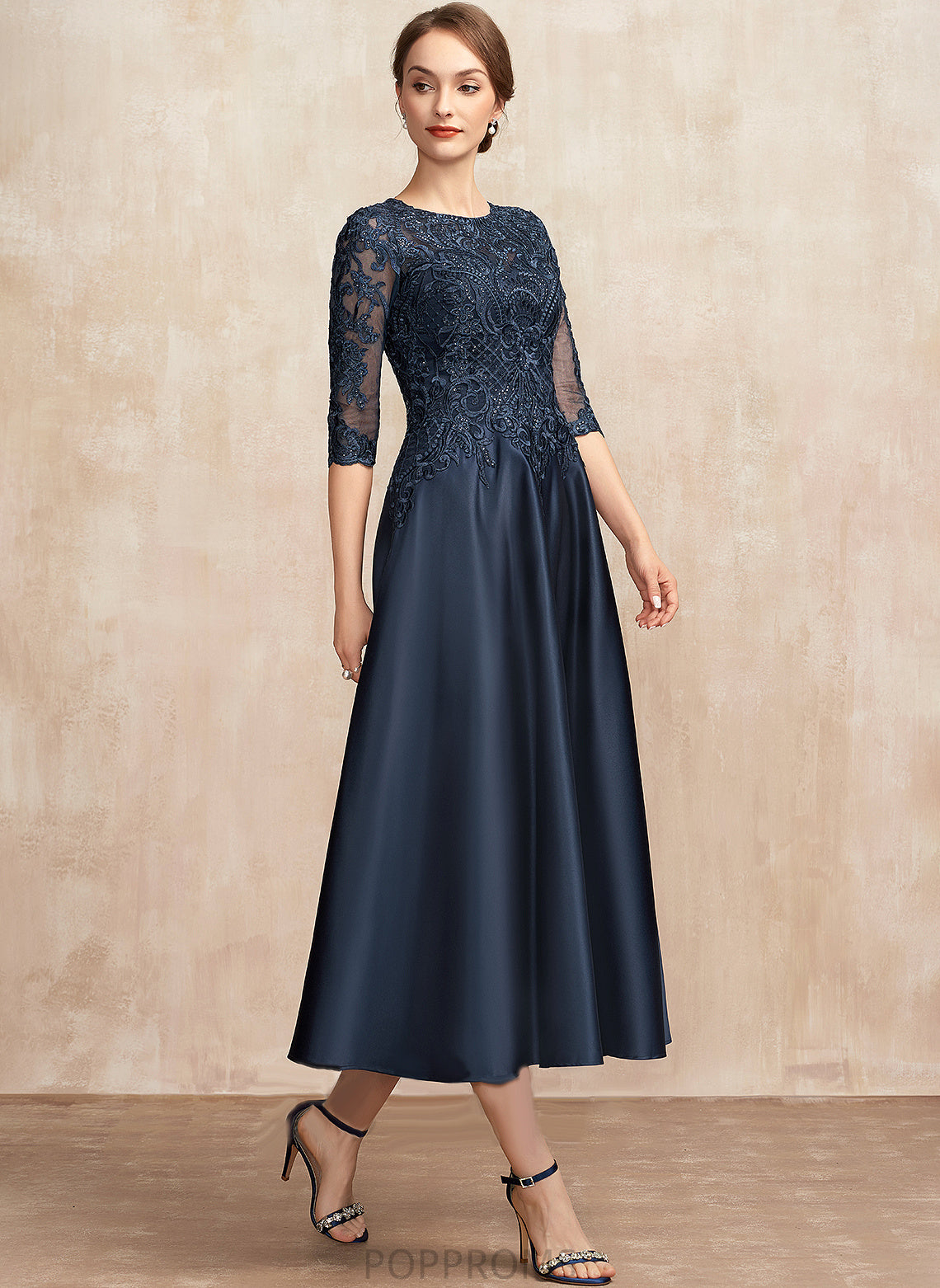 With Mother Neck Carley the Sequins of Bride A-Line Tea-Length Scoop Dress Satin Lace Mother of the Bride Dresses