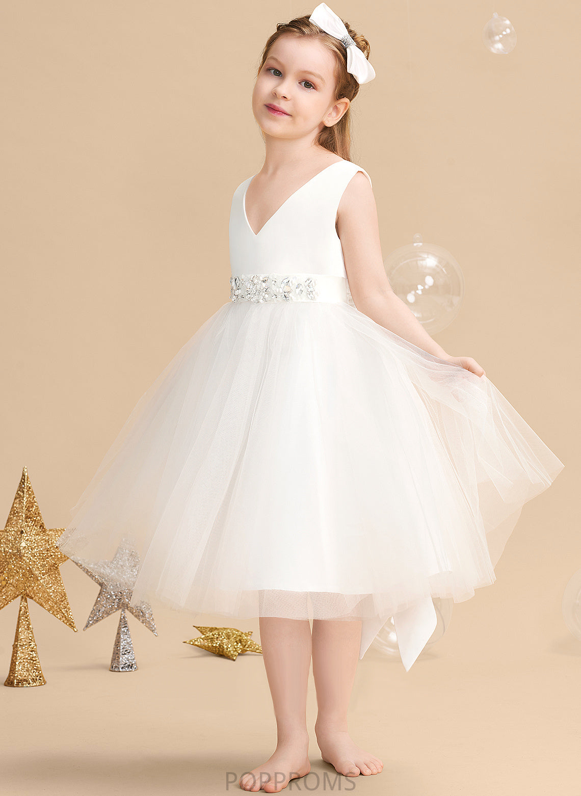 Knee-length Satin/Tulle A-Line Bow(s) Dress - With Flower Sleeveless Girl Flower Girl Dresses Joselyn V-neck