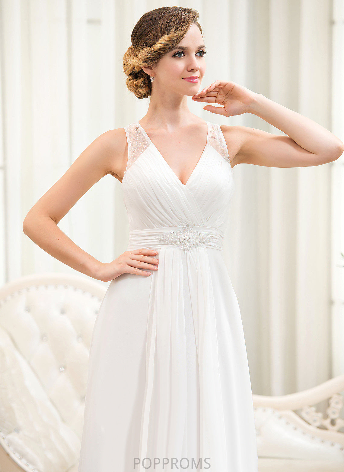 V-neck A-Line Cheyenne Dress With Cascading Wedding Sweep Beading Sequins Chiffon Tulle Wedding Dresses Train Ruffles