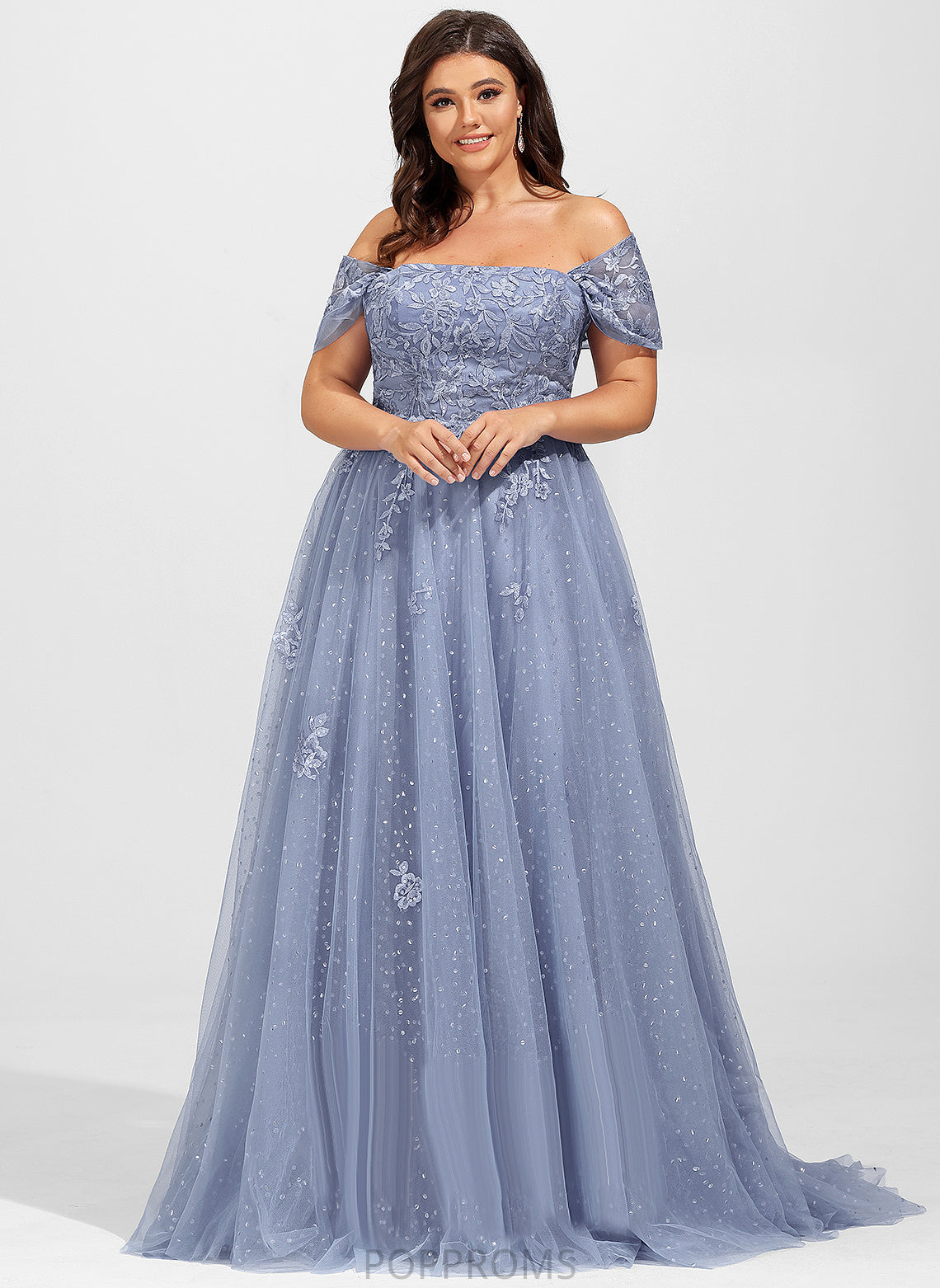 Sweep Sequins Train Adalyn Tulle Prom Dresses Off-the-Shoulder With Lace Ball-Gown/Princess