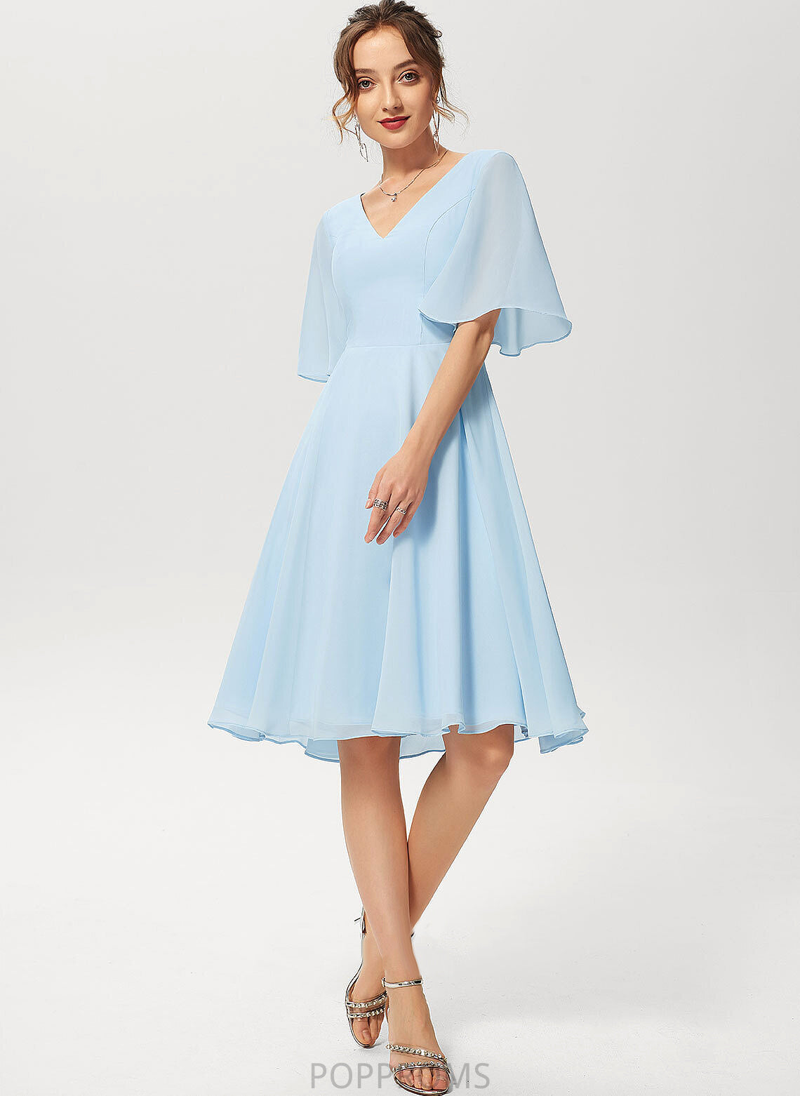 Yasmin Chiffon Dress V-neck Cocktail A-Line Cocktail Dresses Knee-Length