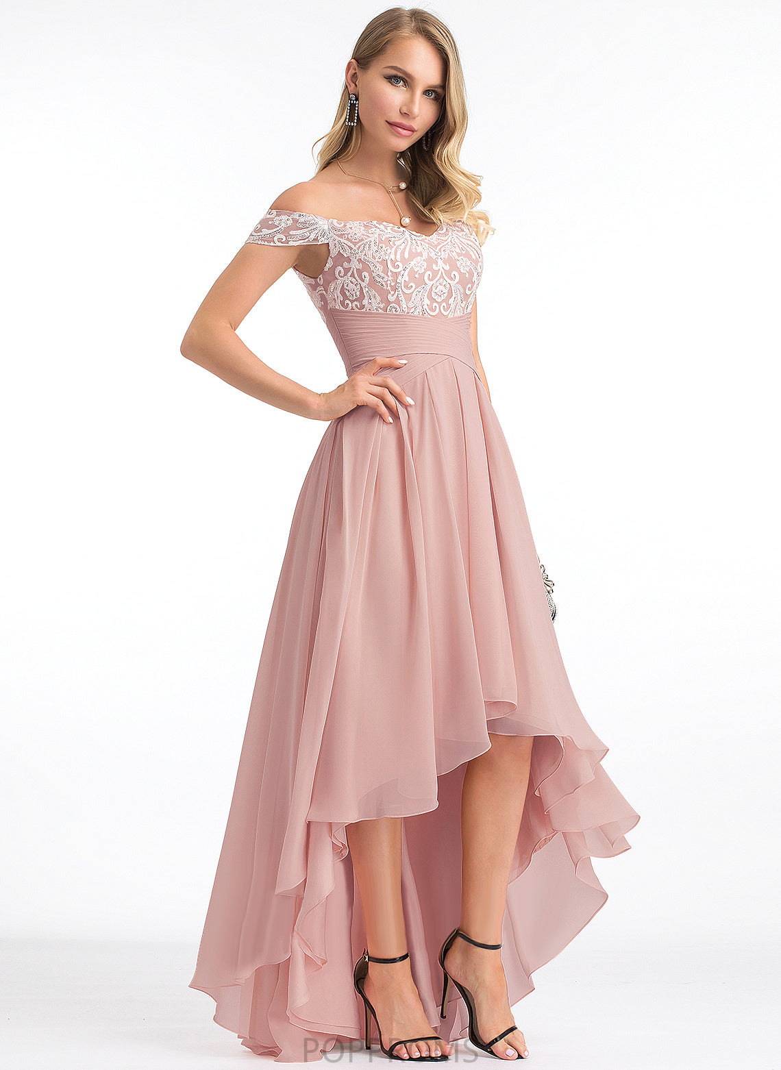 Hilary A-Line Off-the-Shoulder Asymmetrical Chiffon With Lace Prom Dresses Pleated