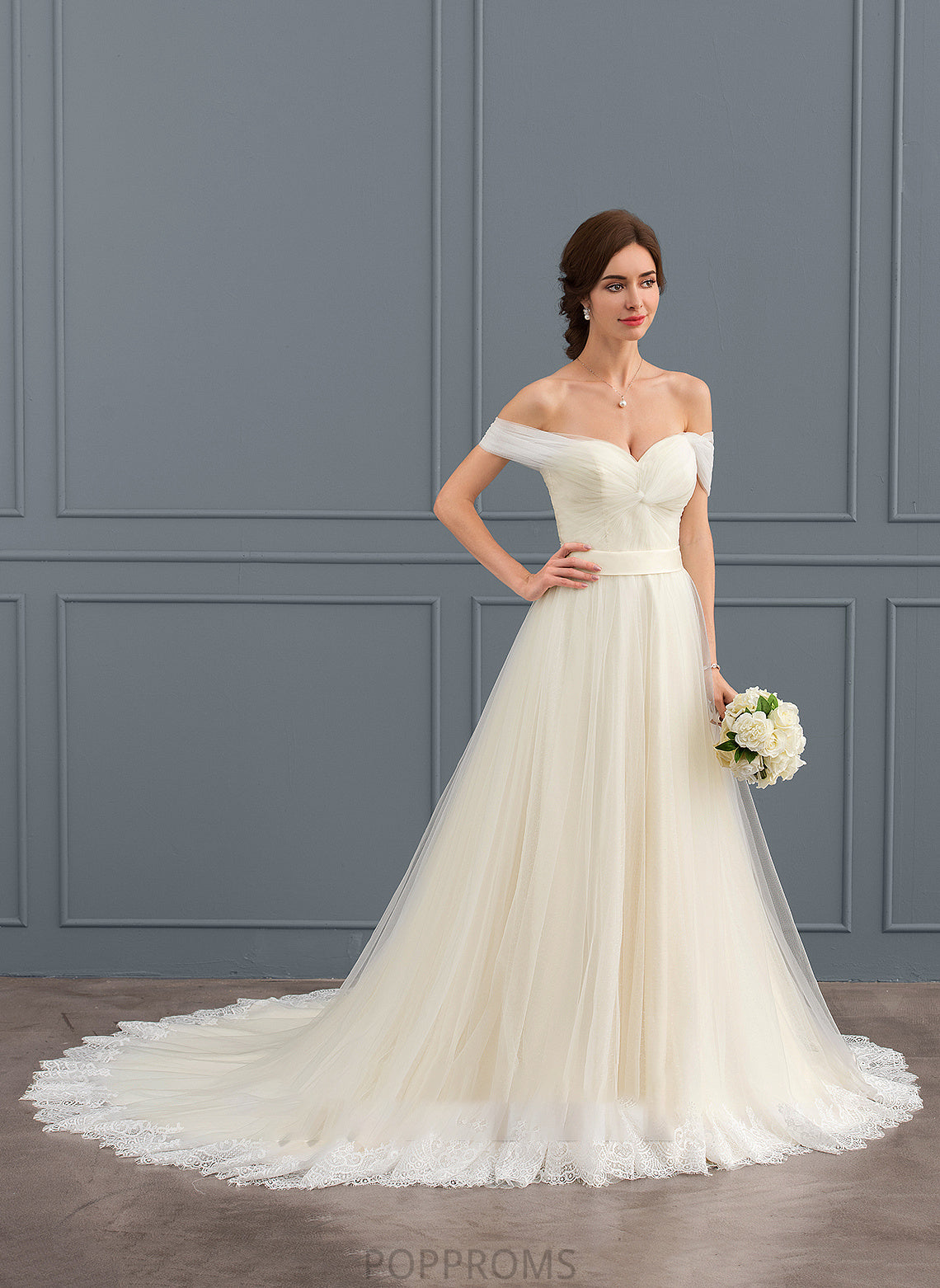 With Wedding Dresses Josephine Ball-Gown/Princess Dress Court Off-the-Shoulder Wedding Lace Tulle Train Ruffle