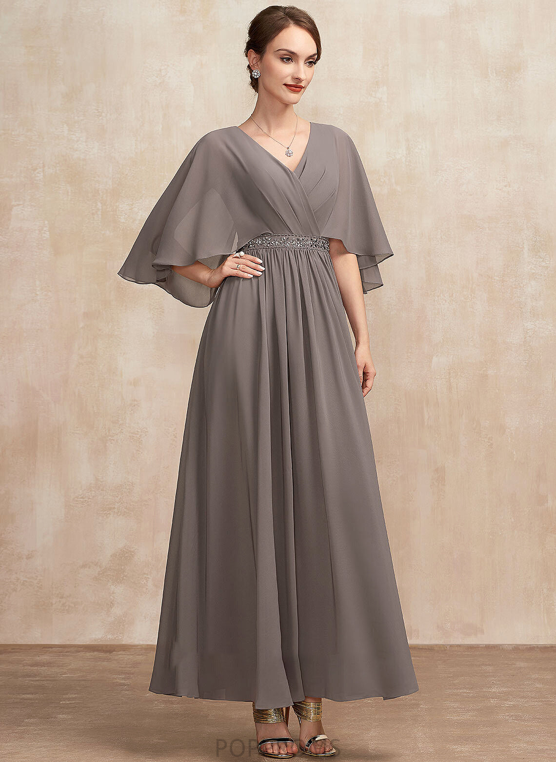 Dress A-Line the With of Bride Chiffon Mother of the Bride Dresses Ankle-Length V-neck Mother Linda Ruffle Beading