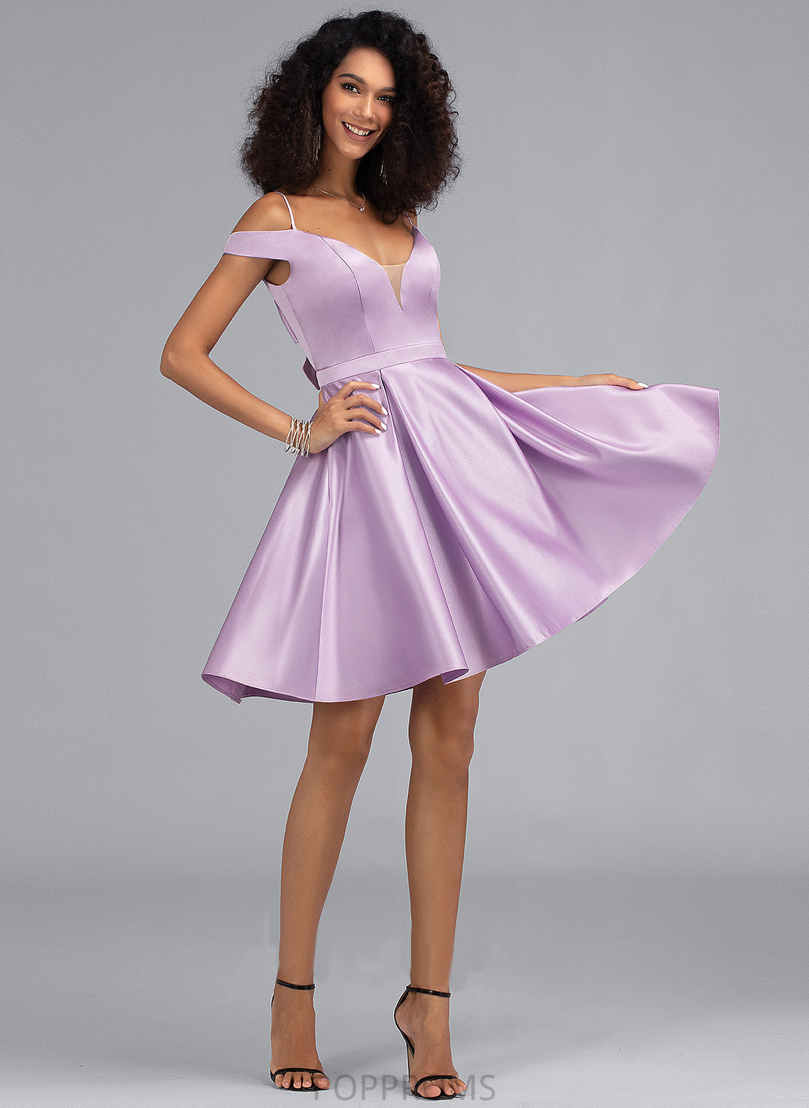 Homecoming Dress Short/Mini A-Line Satin Off-the-Shoulder With Pockets Norma Bow(s) Homecoming Dresses