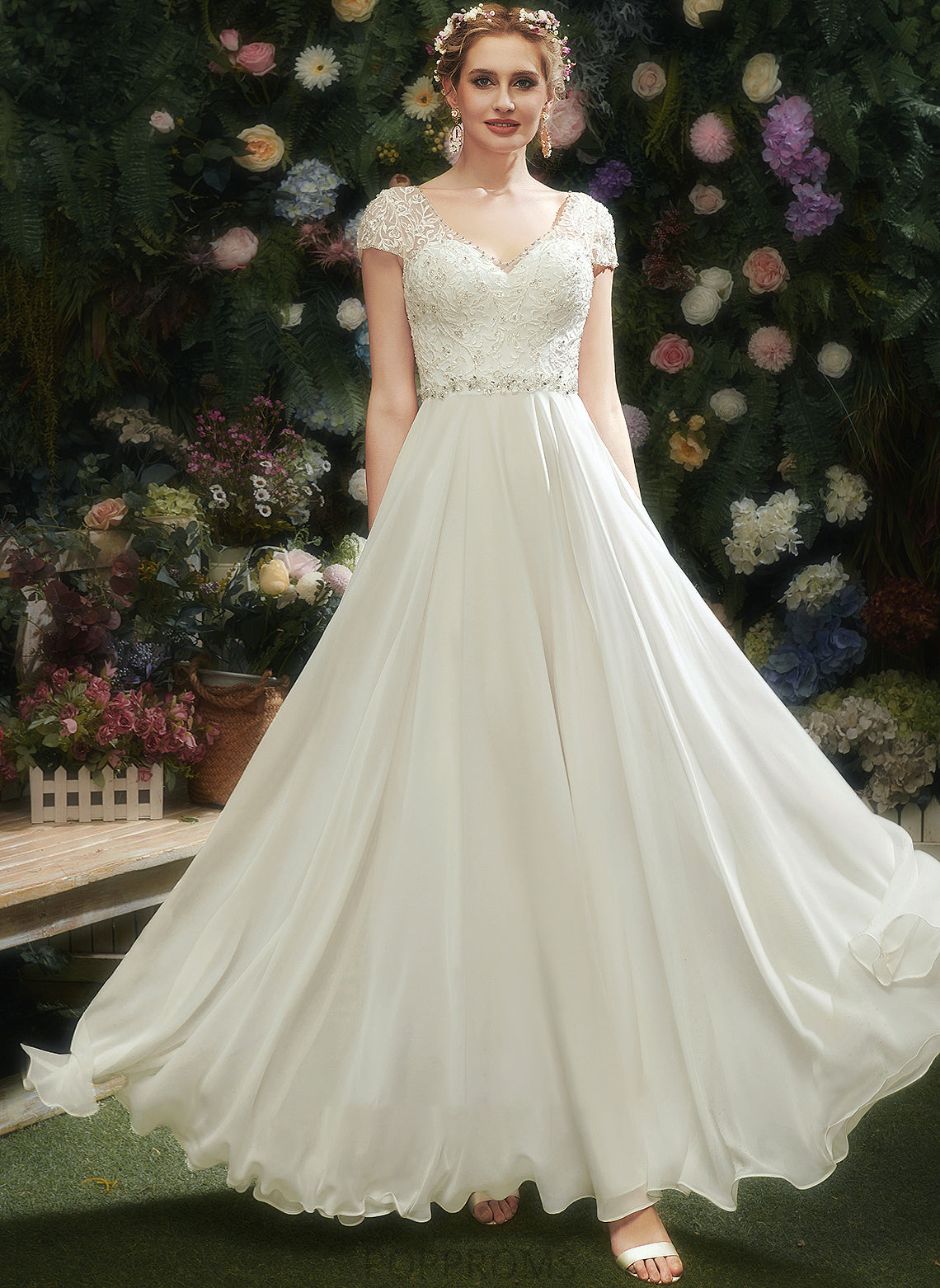 V-neck Sequins Wedding Floor-Length With Dress Beading A-Line Lace Angel Wedding Dresses