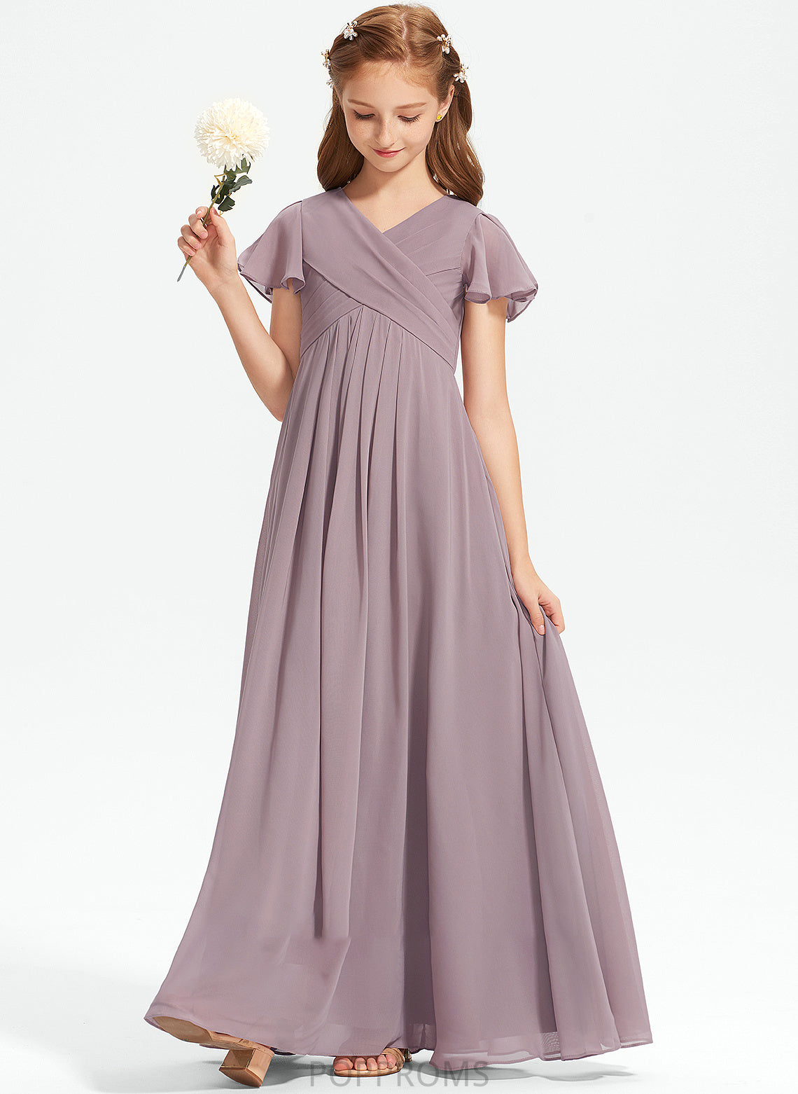 V-neck With Floor-Length Ruffle Junior Bridesmaid Dresses Chiffon A-Line Jaliyah