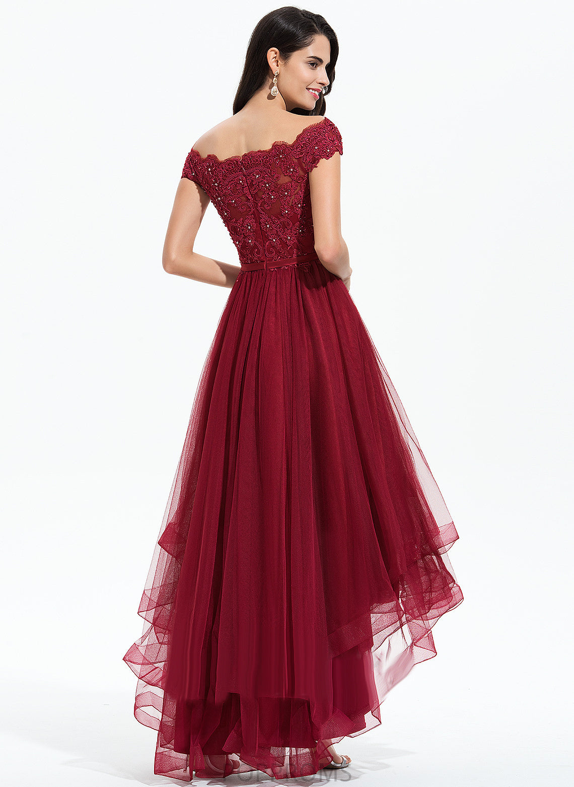 With Off-the-Shoulder A-Line Sequins Lace Tulle Asymmetrical Diya Beading Bow(s) Prom Dresses