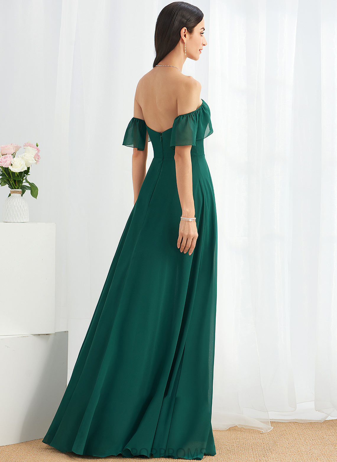 A-Line SplitFront Silhouette Floor-Length Length Off-the-Shoulder Fabric Neckline Embellishment Regan A-Line/Princess Natural Waist Bridesmaid Dresses