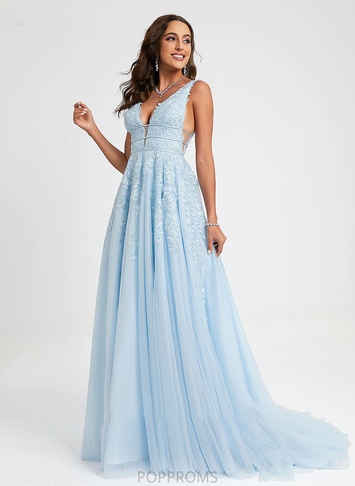 Lace Prom Dresses Sweep Train Kamari Beading Ball-Gown/Princess With V-neck Tulle