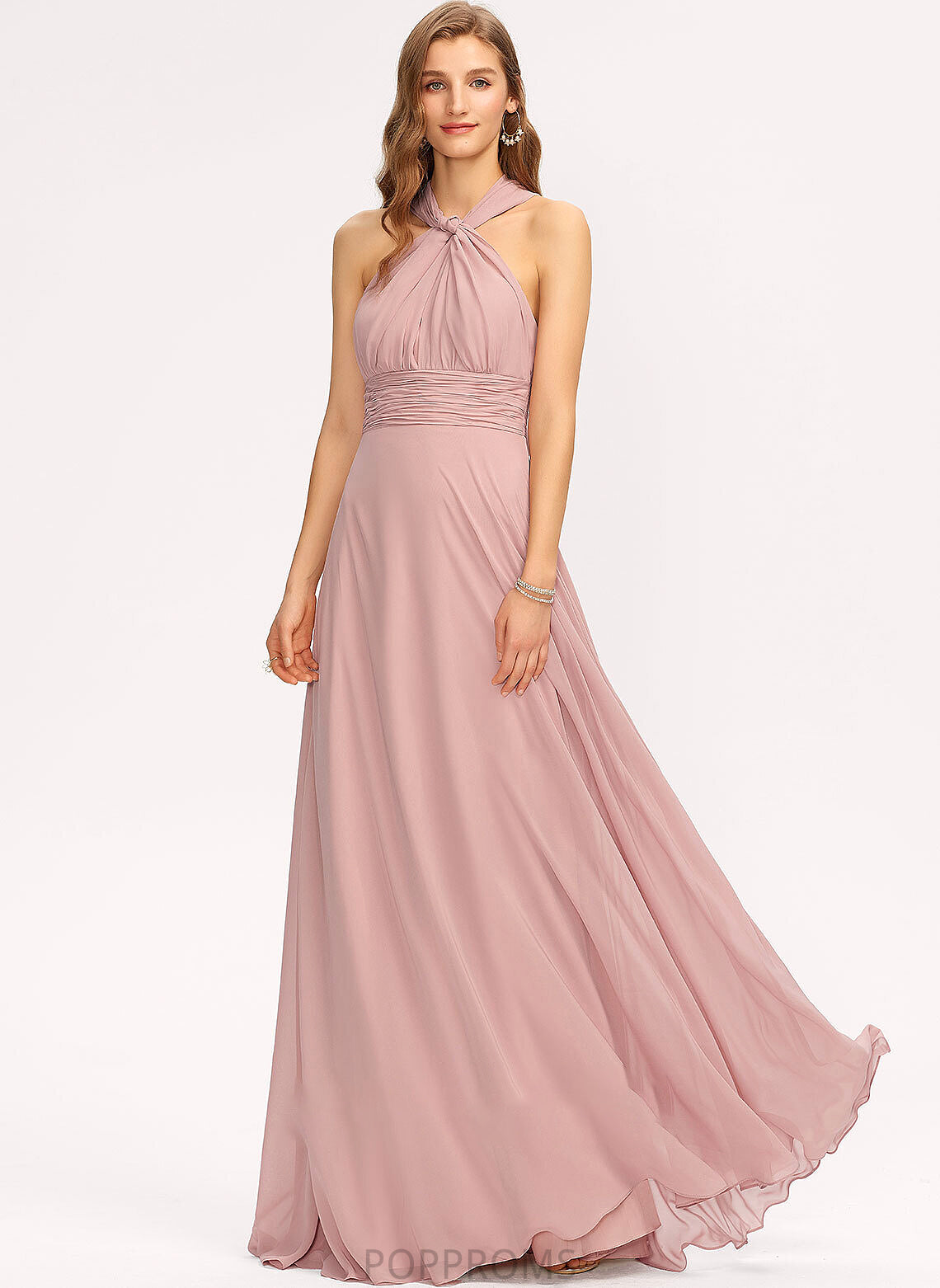 Ruffle Neckline V-neck Floor-Length One-Shoulder A-Line Fabric Halter Embellishment Length Silhouette Mylee Bridesmaid Dresses