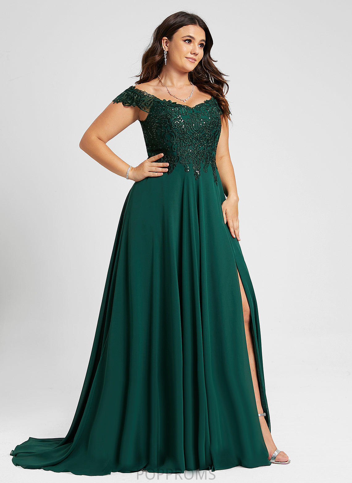 Off-the-Shoulder Train Lace Sweep With A-Line Lillie Chiffon Prom Dresses Sequins