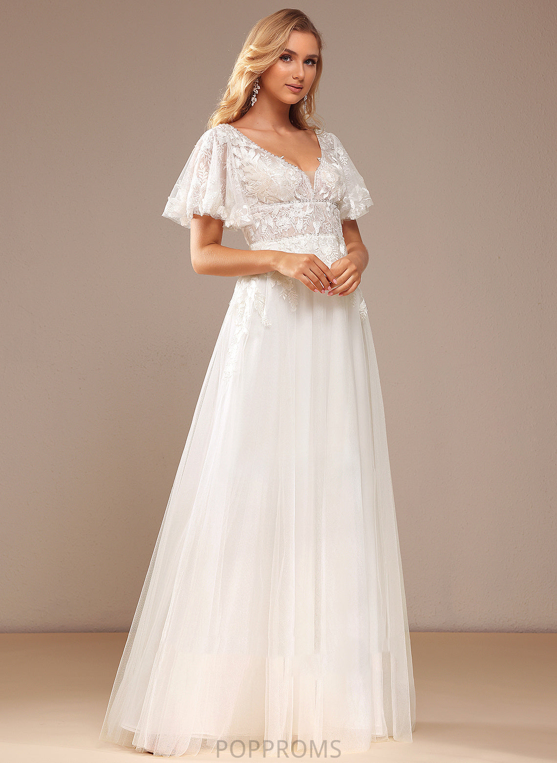 Tulle V-neck With Lace Wedding Dresses A-Line Wedding Beading Sequins Floor-Length Madelynn Dress Lace