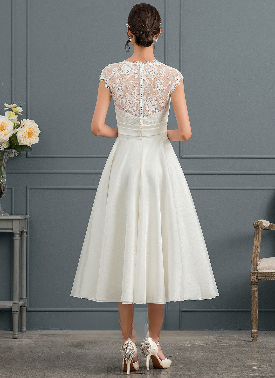 Dress Alyvia V-neck Wedding Satin Tea-Length Lace Wedding Dresses Bow(s) With A-Line